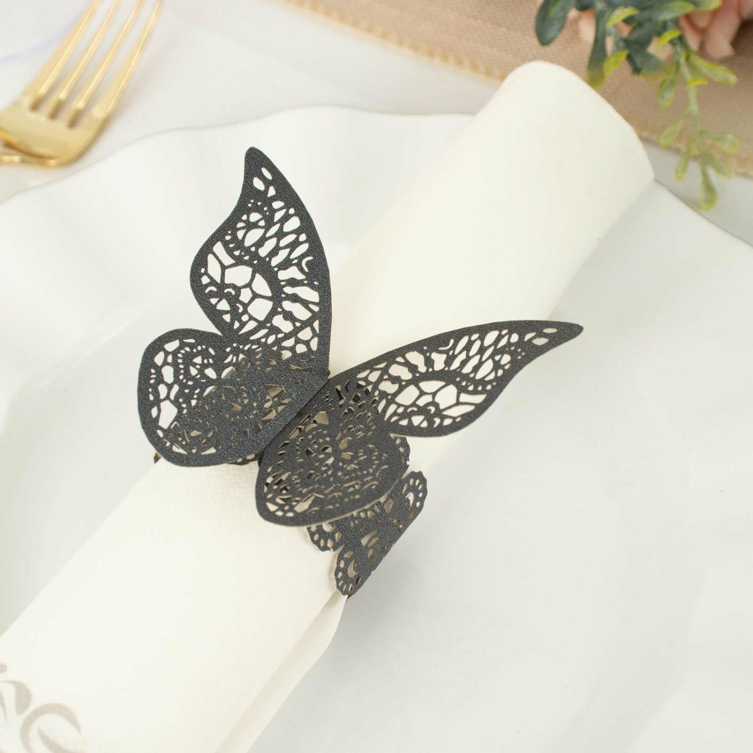 Paper Cups & Napkins | 12 Pack Black Shimmery Laser Cut Butterfly Paper Napkin Rings, Chair Sash Bows, Serviette Holders Disposable Tableware Black