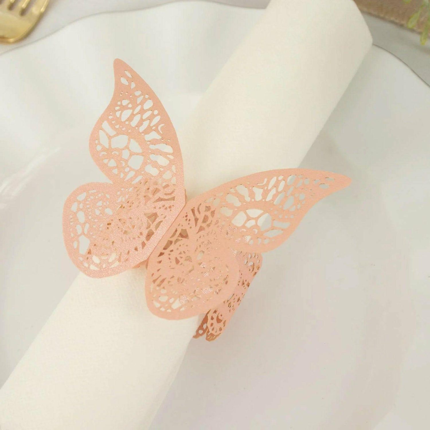 Paper Cups & Napkins | 12 Pack Blush Shimmery Laser Cut Butterfly Paper Napkin Rings, Chair Sash Bows, Serviette Holders Disposable Tableware Blush