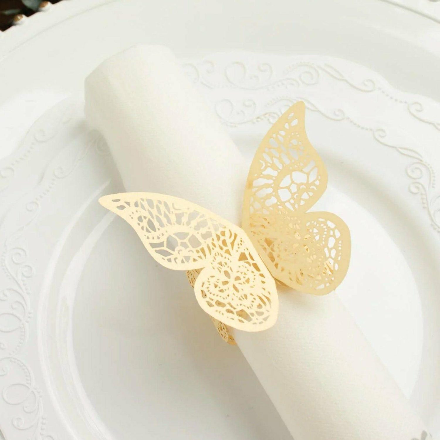 Paper Cups & Napkins | 12 Pack Champagne Shimmery Laser Cut Butterfly Paper Napkin Rings, Chair Sash Bows, Serviette Holders Disposable Tableware Champagne