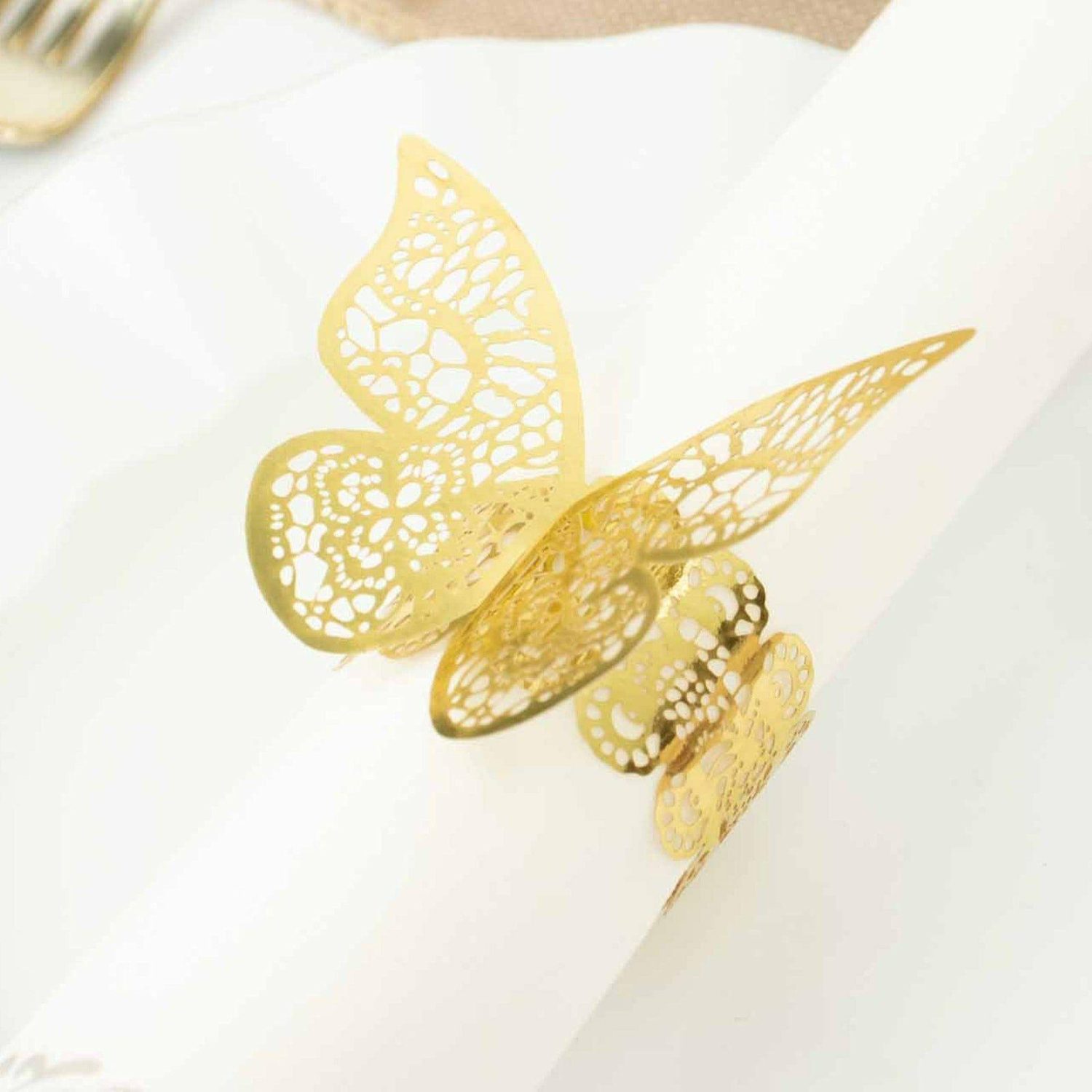 Paper Cups & Napkins | 12 Pack Metallic Gold Foil Laser Cut Butterfly Paper Napkin Rings, Chair Sash Bows, Serviette Holders Disposable Tableware Gold