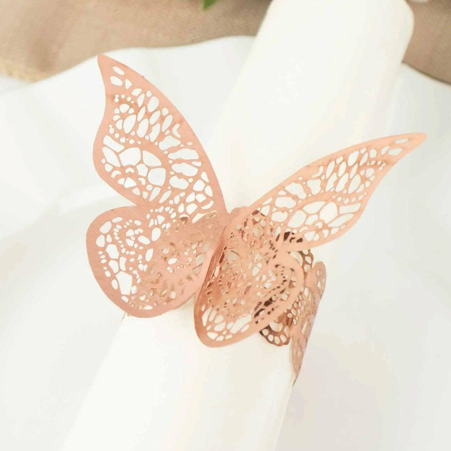 Paper Cups & Napkins | 12 Pack Metallic Rose Gold Foil Laser Cut Butterfly Paper Napkin Rings, Chair Sash Bows, Serviette Holders Disposable Tableware Paper Cups & Napkins