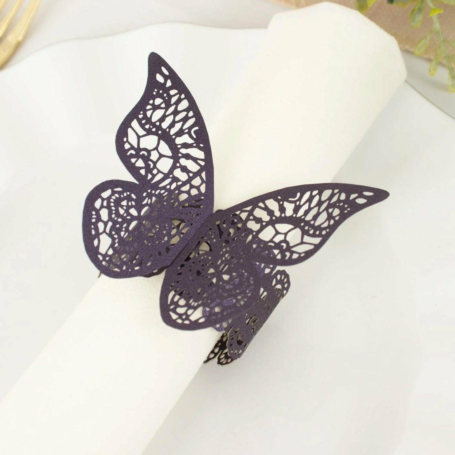 Paper Cups & Napkins | 12 Pack Purple Shimmery Laser Cut Butterfly Paper Napkin Rings, Chair Sash Bows, Serviette Holders Disposable Tableware Paper Cups & Napkins