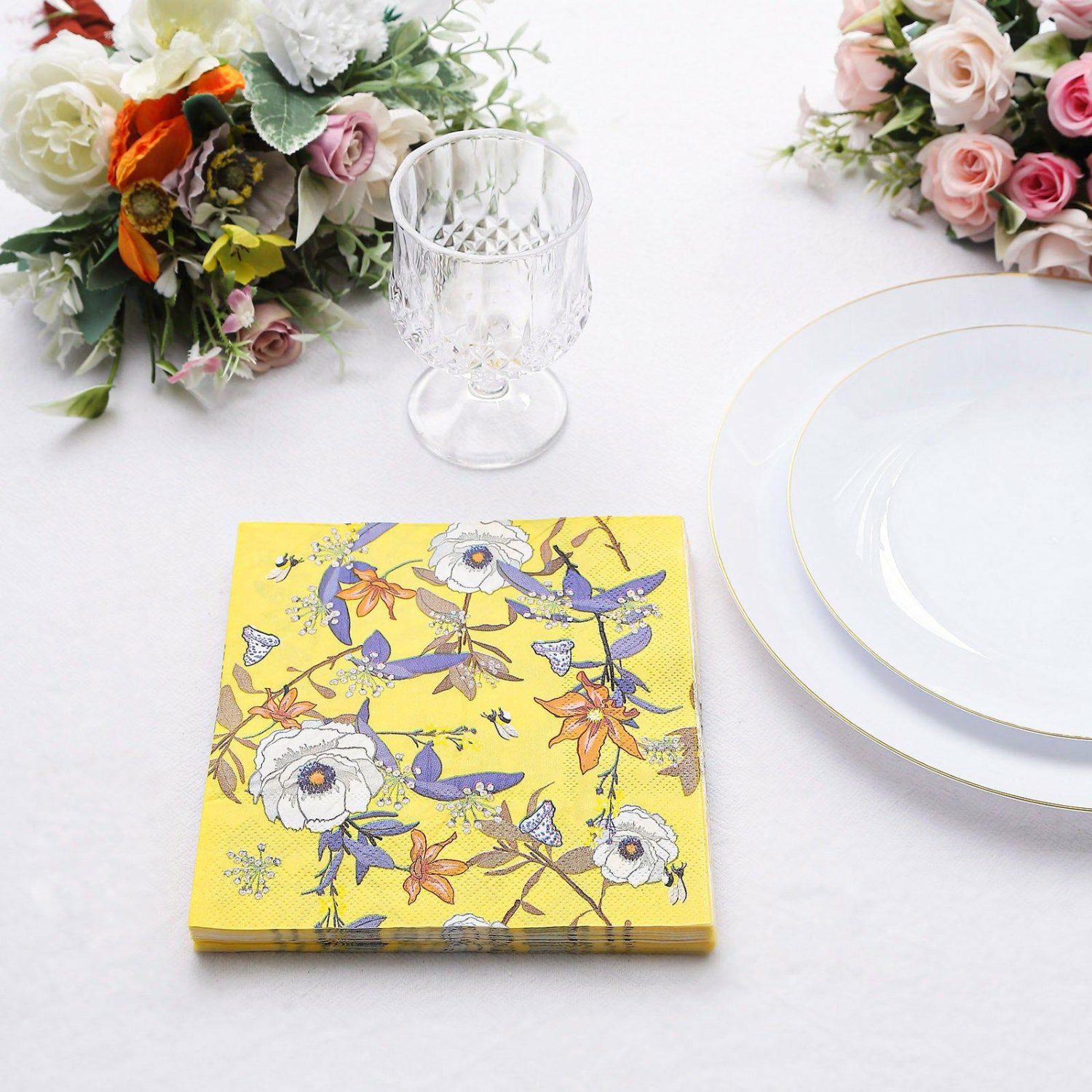 Paper Cups & Napkins | 20 Pack Bright Yellow Blooming Flowers Paper Beverage Napkins, Botanical Floral Disposable Cocktail Napkins 18 GSM Disposable Tableware Blooming w/ Butterflies