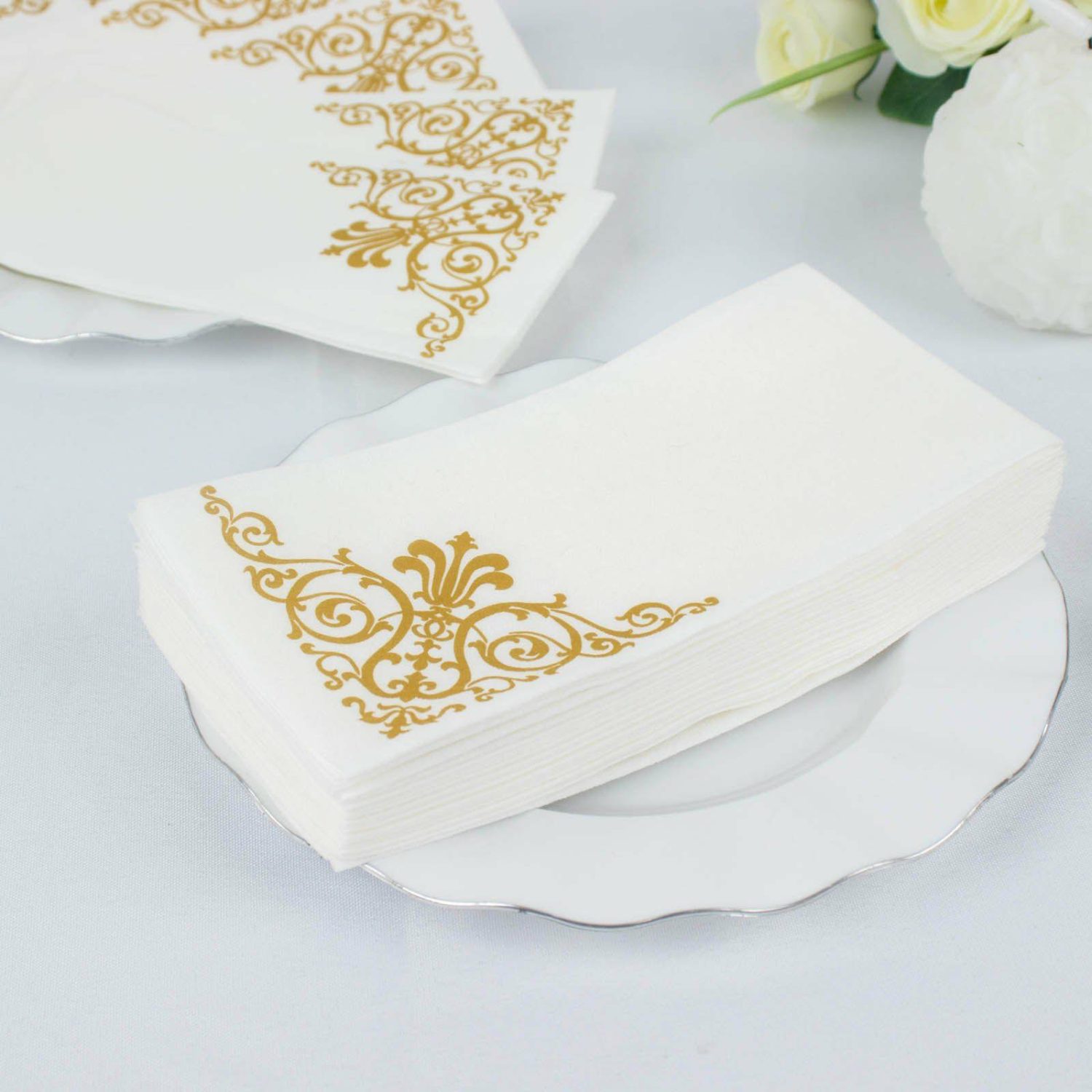 Paper Cups & Napkins | 20 Pack Gold Foil White Airlaid Soft Linen-Feel Paper Dinner Napkins, Disposable Hand Towels Fleur Vintage – 8″x4″ Disposable Tableware Paper Cups & Napkins