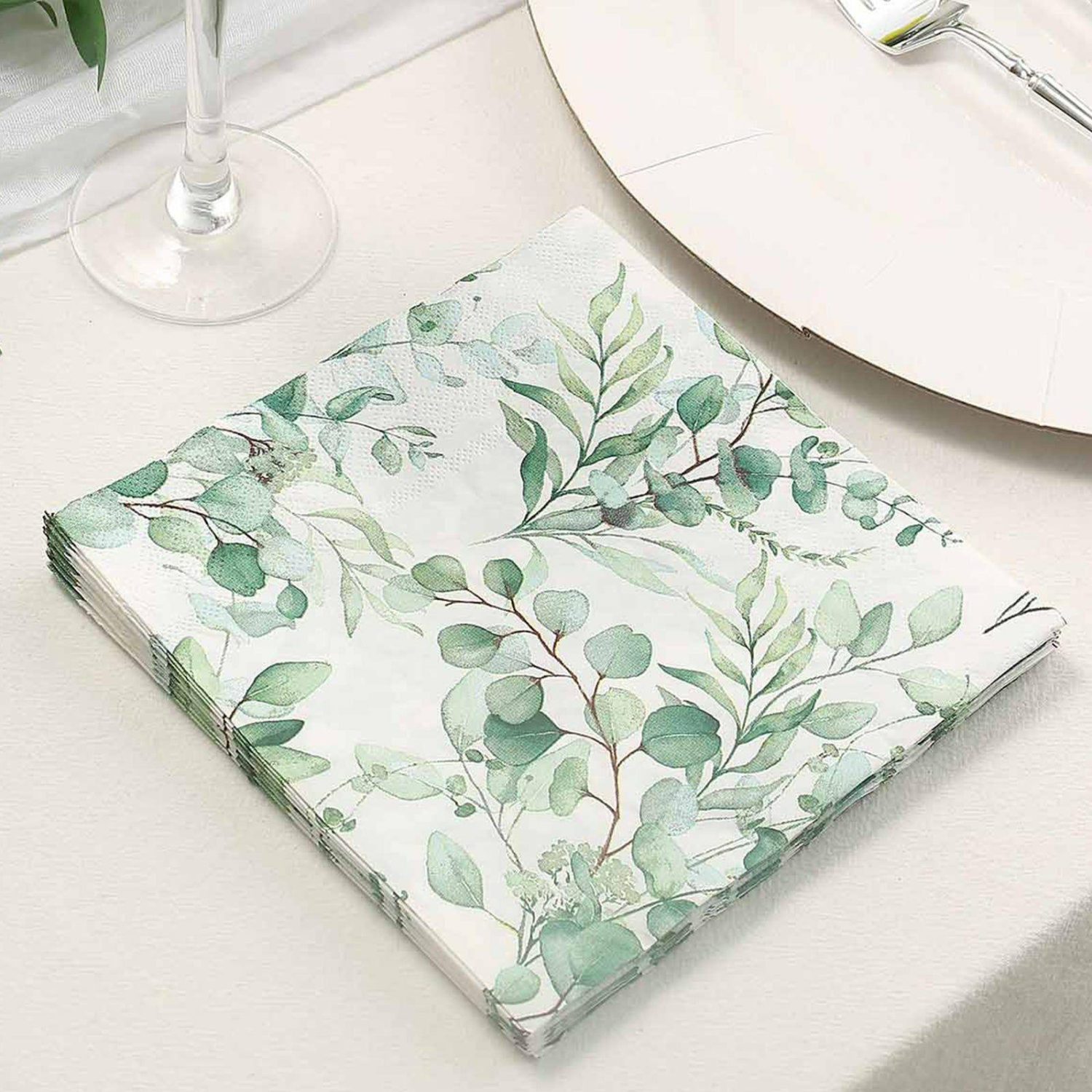 Paper Cups & Napkins | 20 Pack Green Foliage Eucalyptus Leaves Design Paper Napkins, Soft 2-Ply Boho Wedding Cocktail Beverage Napkins 18 GSM Disposable Tableware Eucalyptus Leaves