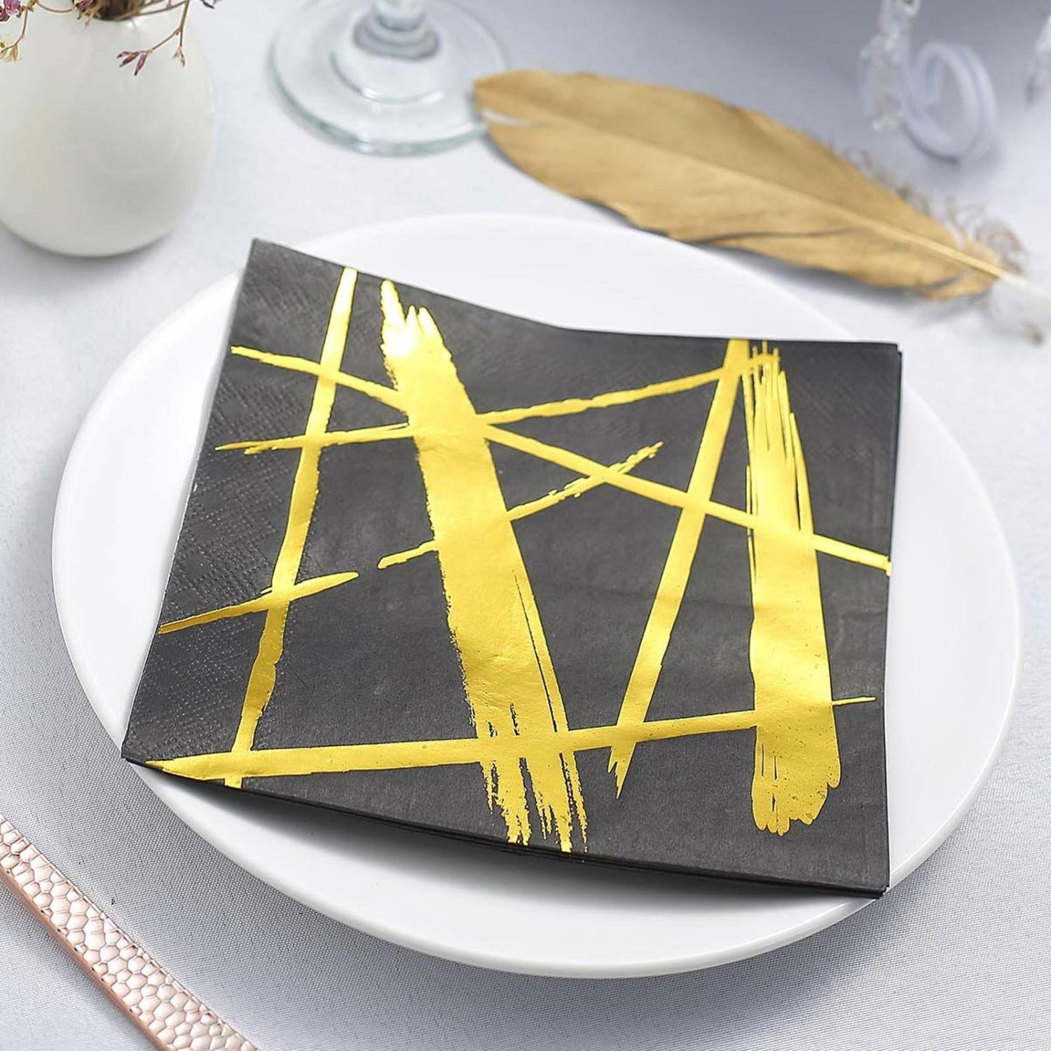 Paper Cups & Napkins | 20 Pack Metallic Gold Streak Design Black Paper Dinner Napkins, Wedding Cocktail Napkins 3 Ply Disposable Tableware Gold Streaks