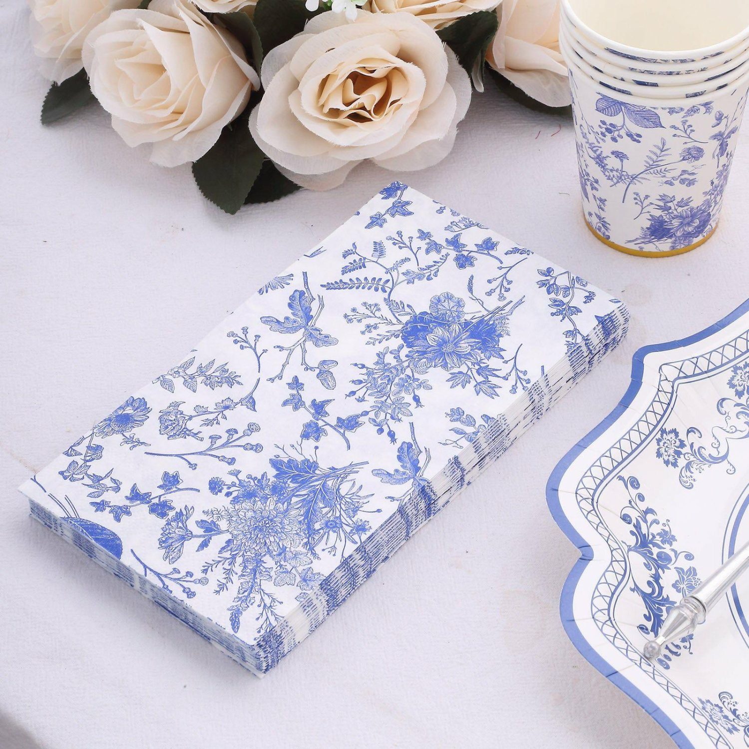 Paper Cups & Napkins | 20 Pack White Blue Chinoiserie Floral Print Paper Napkins, Soft 2-Ply Highly Absorbent Disposable Dinner Napkins Disposable Tableware Chinoiserie Floral Print