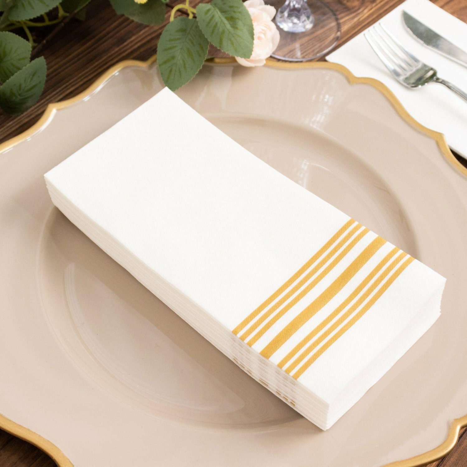 Paper Cups & Napkins | 20 Pack White Gold Soft Linen-Like Paper Napkins With Gold Lines, Highly Absorbent Disposable Airlaid Dinner Napkins – 8″x4″ Disposable Tableware Paper Cups & Napkins