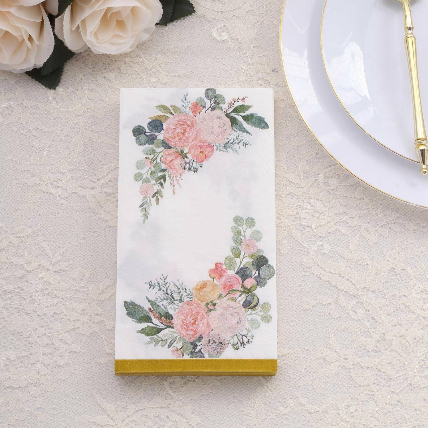 Paper Cups & Napkins | 20 Pack White Pink Peony Flowers Print Paper Dinner Napkins with Gold Edge, Soft 2-Ply Highly Absorbent Disposable Party Napkins Disposable Tableware Paper Cups & Napkins