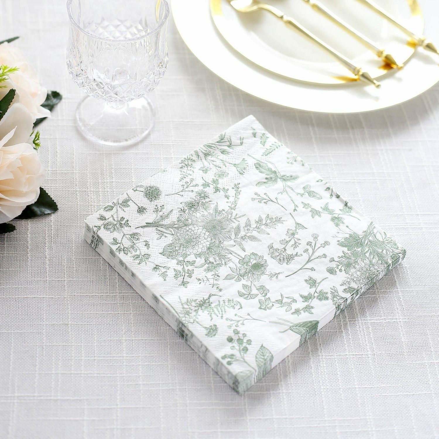 Paper Cups & Napkins | 20 Pack White Sage Green Floral Print Paper Beverage Napkins, Soft 2-Ply Highly Absorbent Disposable Cocktail Napkins Disposable Tableware Paper Cups & Napkins