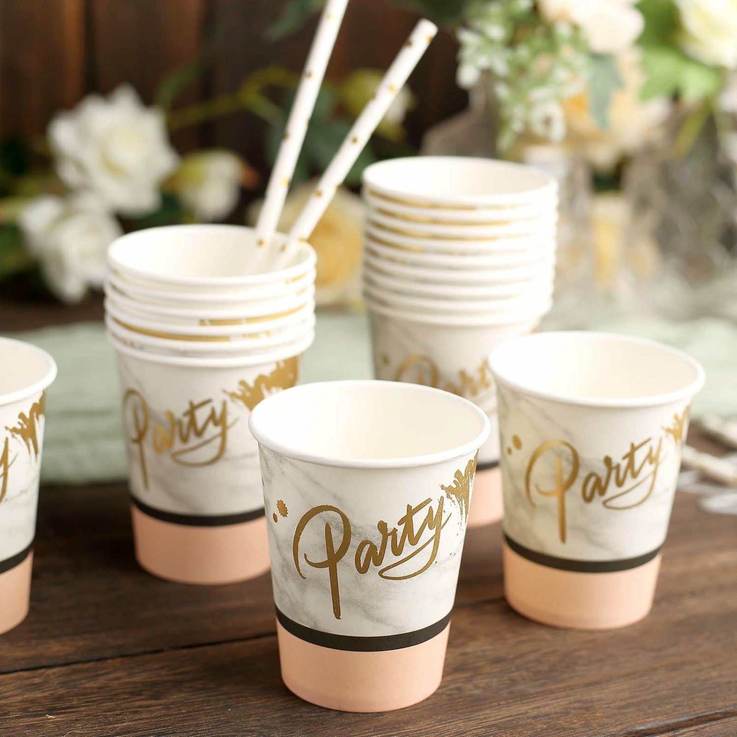 Paper Cups & Napkins | 24 Pack Blush Marble Paper Cups, Disposable Cups For Party and All Purpose Use 9oz Disposable Tableware Paper Cups & Napkins