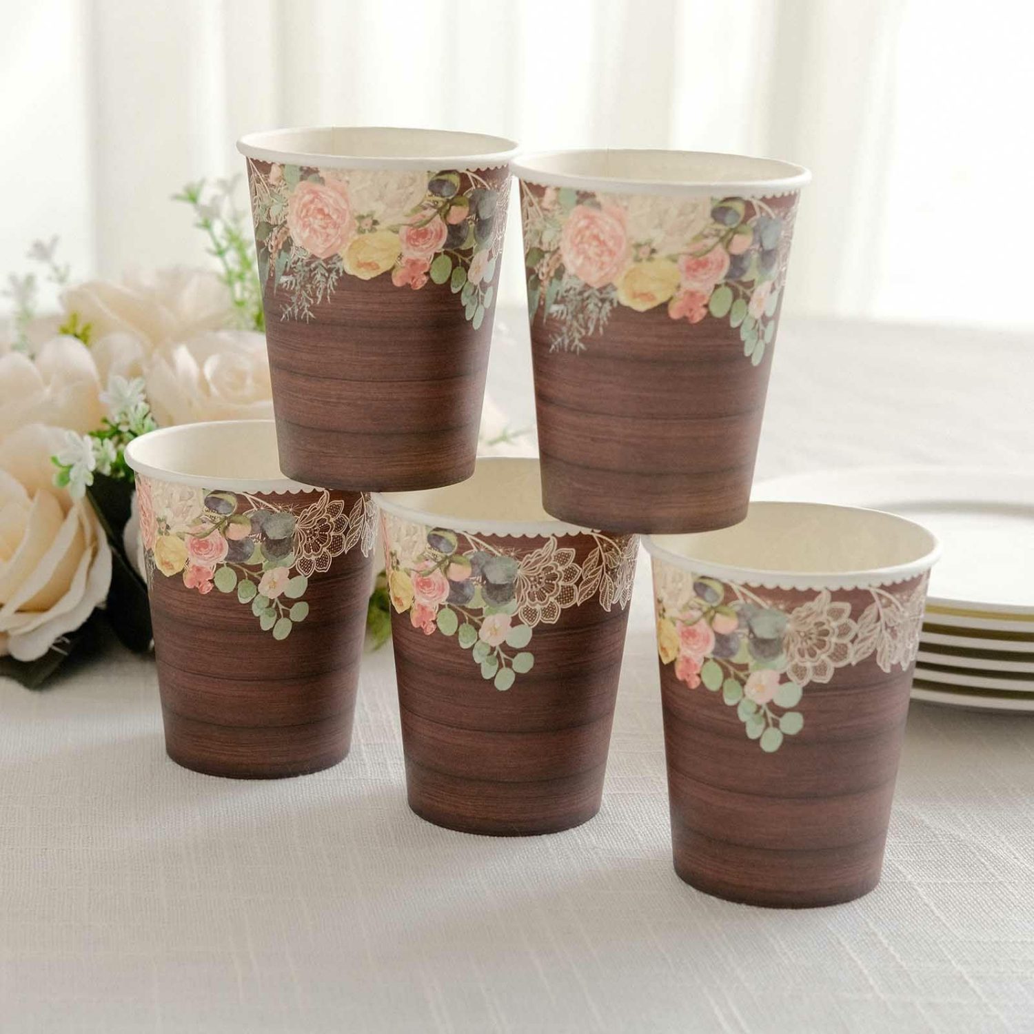 Paper Cups & Napkins | 24 Pack Brown Rustic Wood Print Paper Cups with Floral Lace Rim, Disposable Party Cups – 9oz Disposable Tableware Paper Cups & Napkins