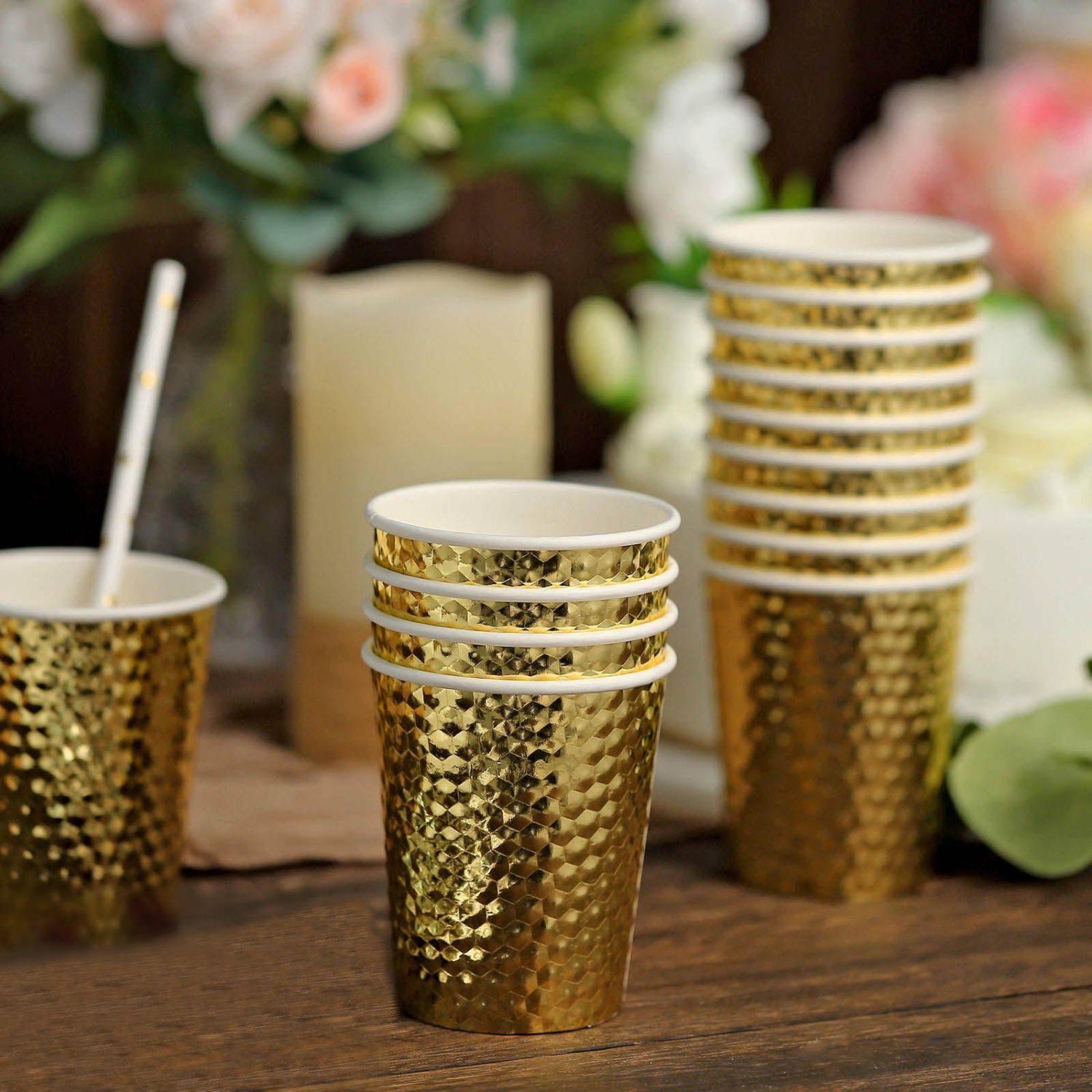 Paper Cups & Napkins | 24 Pack Gold Foil Honeycomb Paper Cups, Disposable Tableware 10oz Disposable Tableware Honeycomb