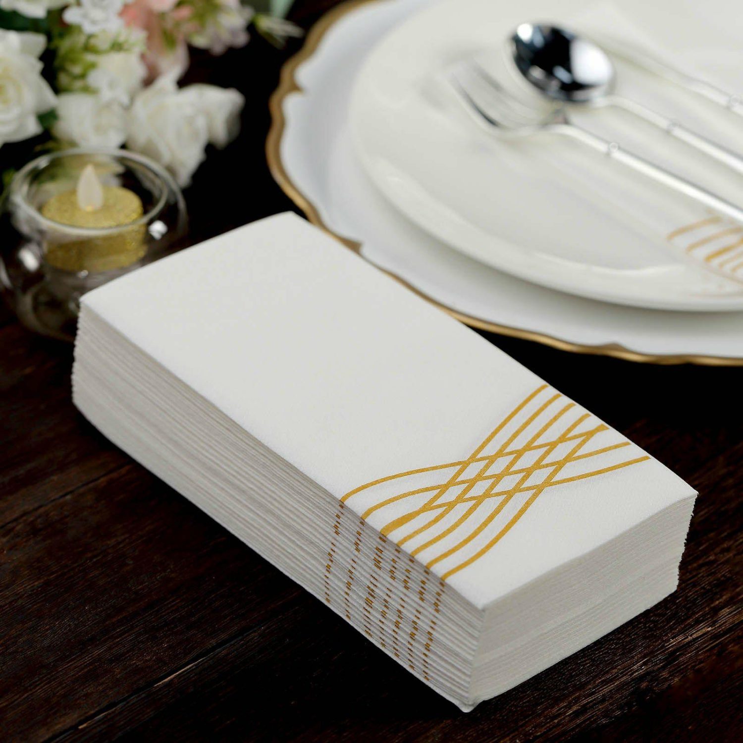 Paper Cups & Napkins | 25 Pack White Gold Airlaid Soft Linen-Feel Paper Dinner Napkins, Disposable Hand Towels Gold Foil Wave Design – 8″x4″ Disposable Tableware Paper Cups & Napkins