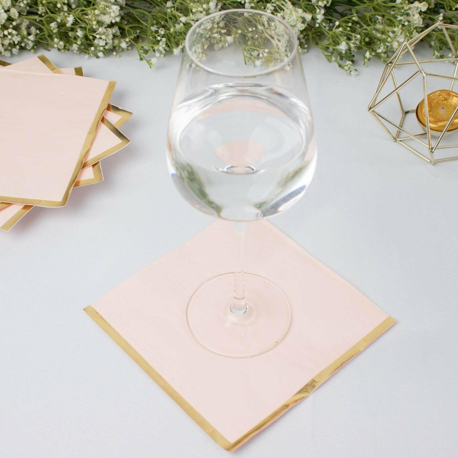 Paper Cups & Napkins | 50 Pack Blush Soft 2 Ply Paper Beverage Napkins with Gold Foil Edge, Disposable Cocktail Napkins – 6.5″x6.5″ Disposable Tableware Blush