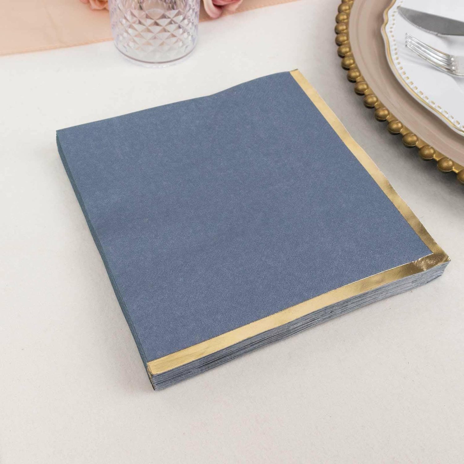 Paper Cups & Napkins | 50 Pack Dusty Blue Soft 2 Ply Paper Beverage Napkins with Gold Foil Edge, Disposable Cocktail Napkins – 6.5″x6.5″ Disposable Tableware Dusty blue