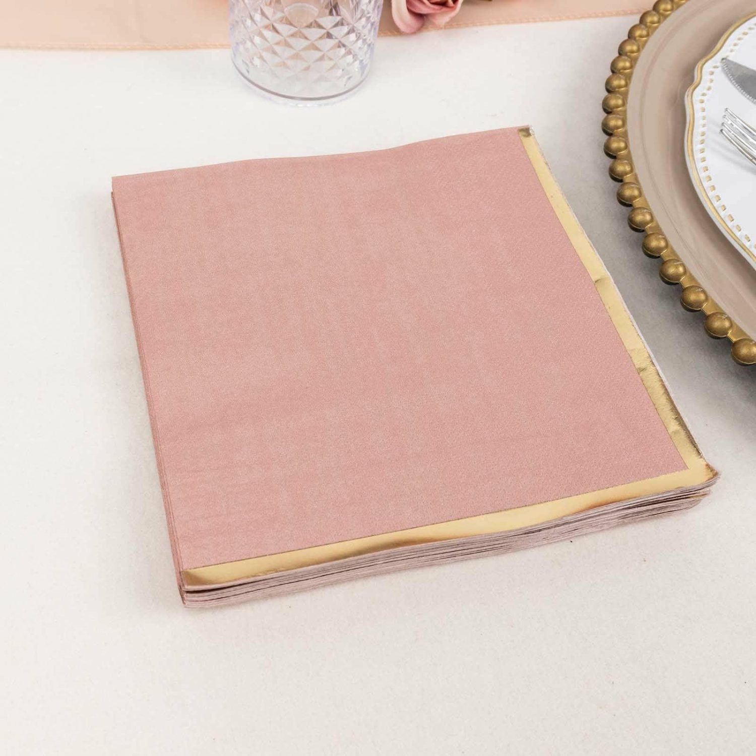 Paper Cups & Napkins | 50 Pack Dusty Rose Soft 2 Ply Paper Beverage Napkins with Gold Foil Edge, Disposable Cocktail Napkins – 6.5″x6.5″ Disposable Tableware Dusty rose