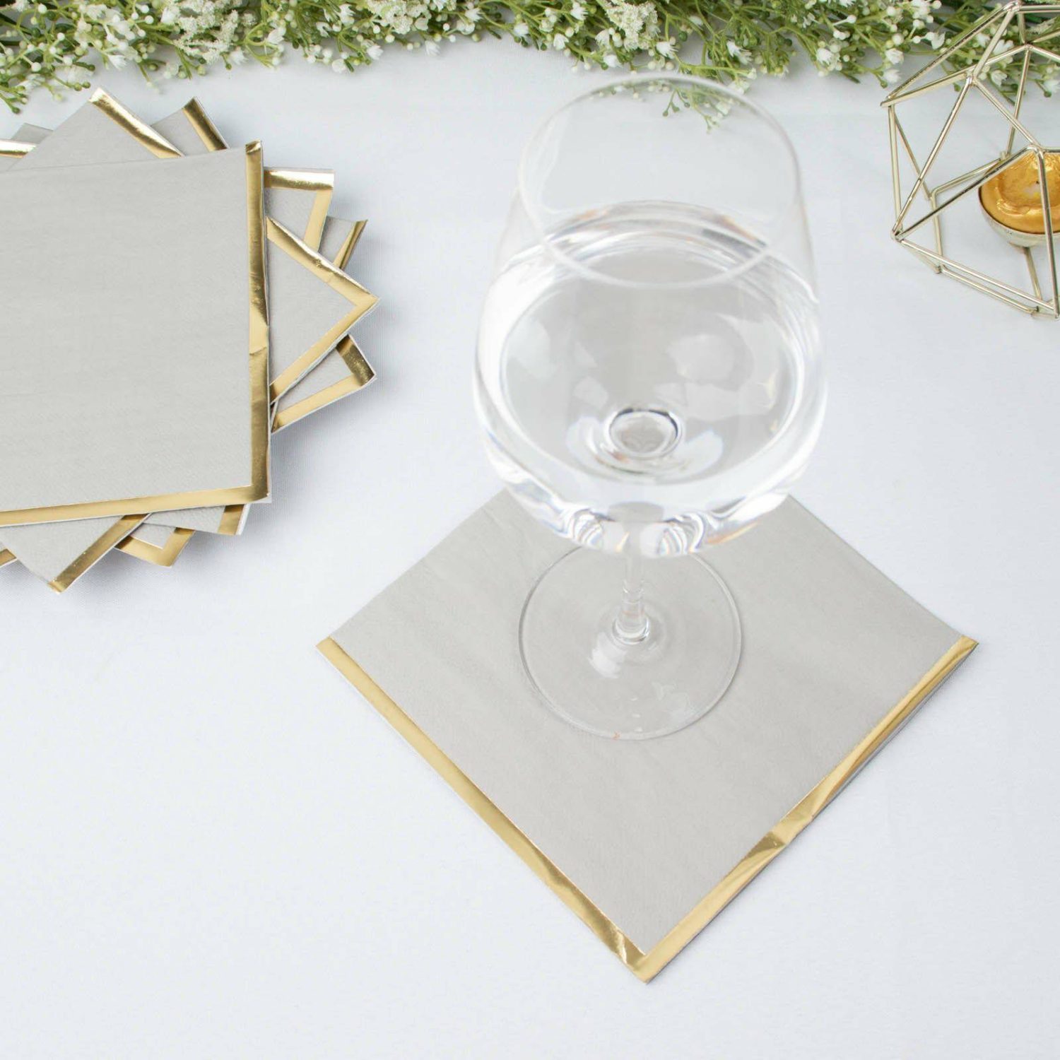 Paper Cups & Napkins | 50 Pack Gray Soft 2 Ply Paper Beverage Napkins with Gold Foil Edge, Disposable Cocktail Napkins – 6.5″x6.5″ Disposable Tableware Gray