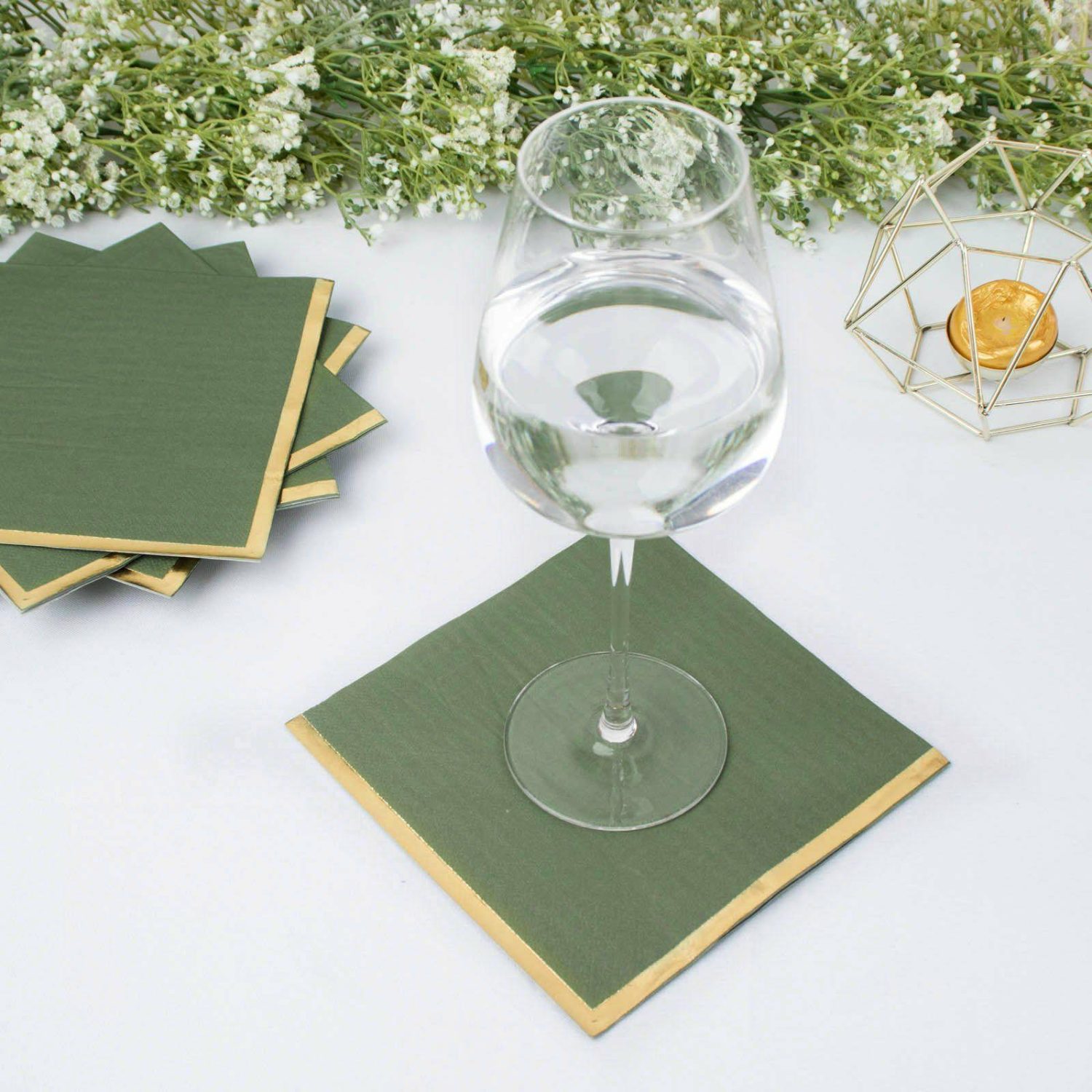 Paper Cups & Napkins | 50 Pack Olive Green Soft 2 Ply Paper Beverage Napkins with Gold Foil Edge, Disposable Cocktail Napkins – 6.5″x6.5″ Disposable Tableware Olive green