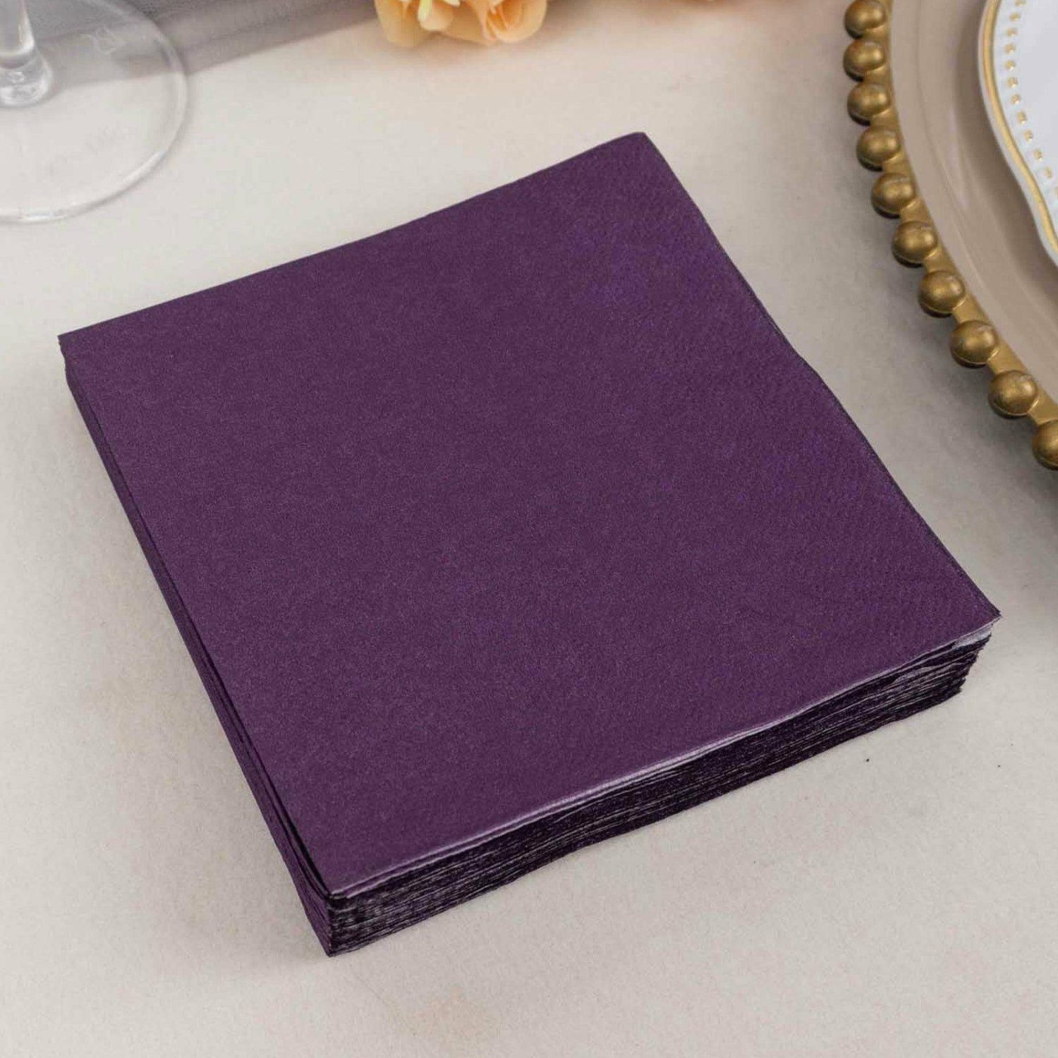 Paper Cups & Napkins | 50 Pack Purple Soft 2-Ply Paper Beverage Napkins, Disposable Cocktail Napkins 18GSM – 5″x5″ Disposable Tableware Paper Cups & Napkins