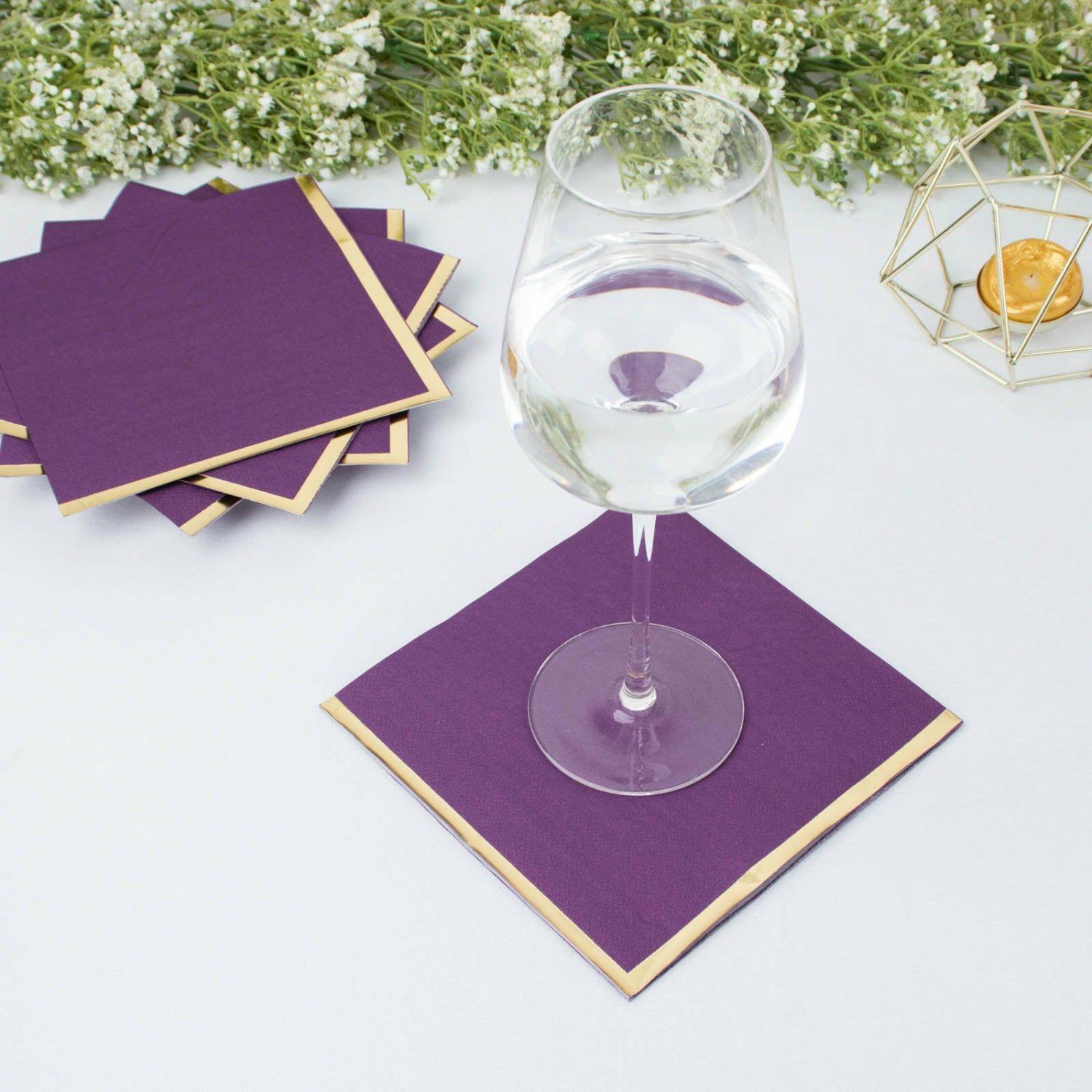 Paper Cups & Napkins | 50 Pack Purple Soft 2 Ply Paper Beverage Napkins with Gold Foil Edge, Disposable Cocktail Napkins – 6.5″x6.5″ Disposable Tableware Paper Cups & Napkins