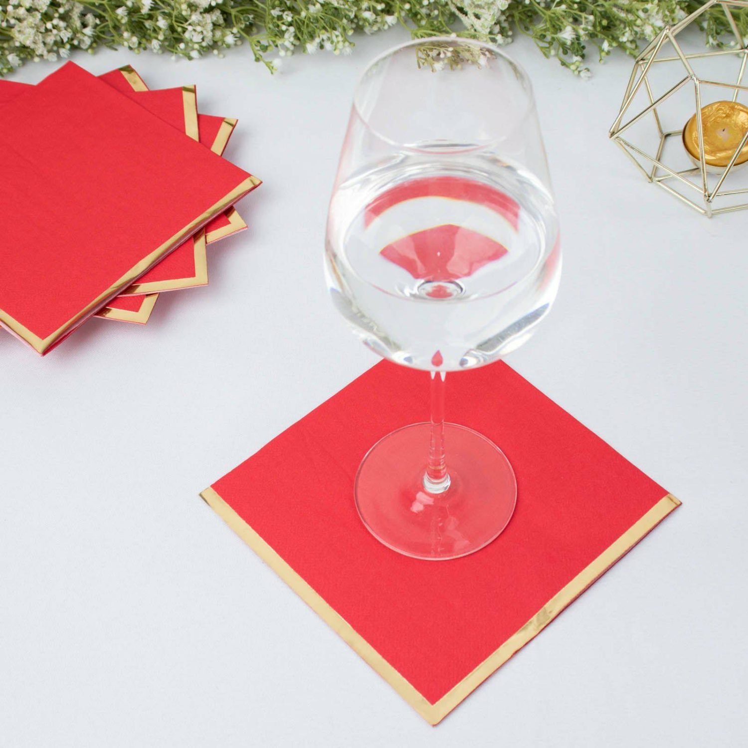 Paper Cups & Napkins | 50 Pack Red Soft 2 Ply Paper Beverage Napkins with Gold Foil Edge, Disposable Cocktail Napkins – 6.5″x6.5″ Disposable Tableware Paper Cups & Napkins