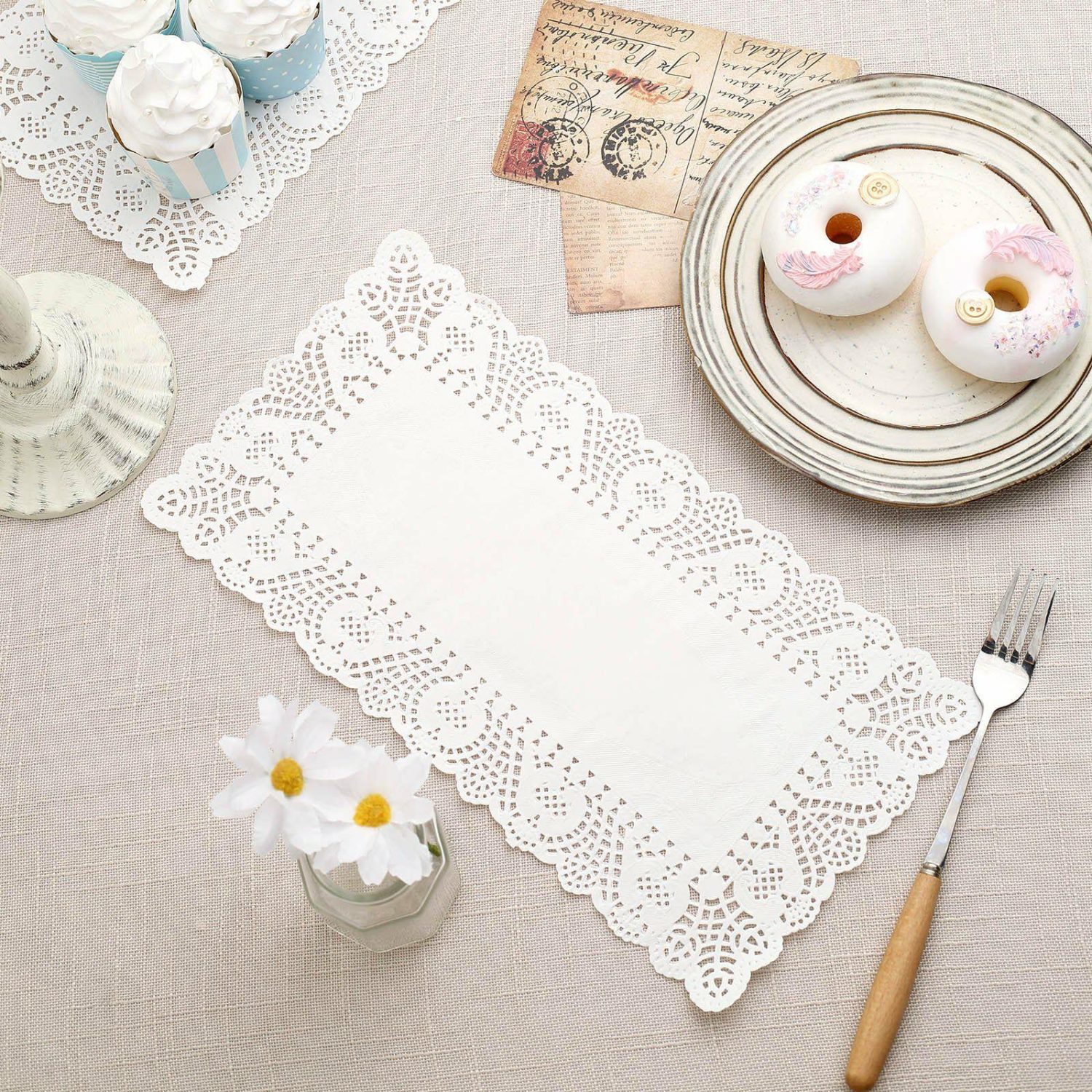 Paper Dinner Plates | 100 Pcs White Food Grade Paper Placemats, Rectangle Lace Paper Doilies 6″x12″ Disposable Tableware Paper Dinner Plates