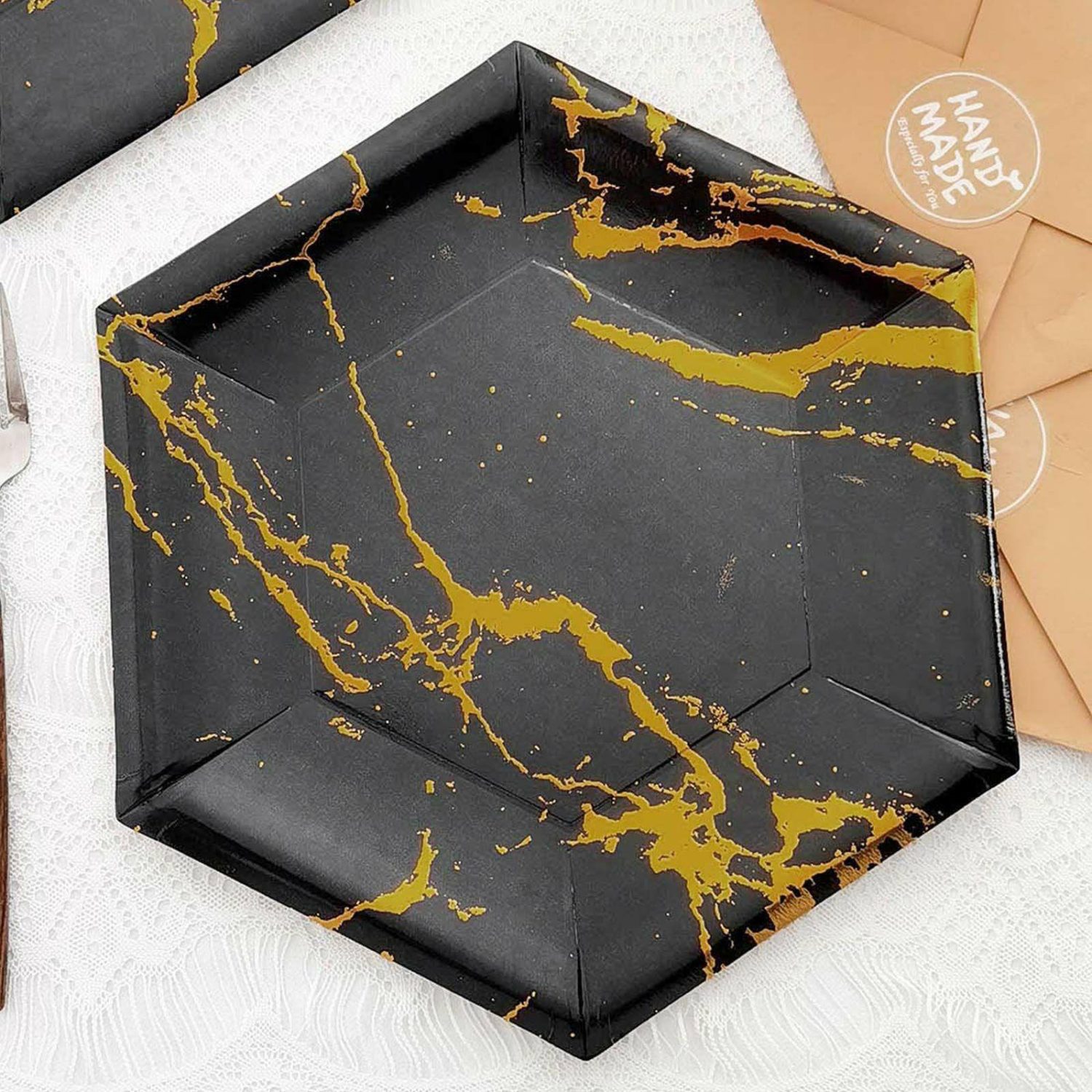 Paper Dinner Plates | 25 Pack Black Marble Serving Dinner Paper Plates, Disposable Hexagon Geomtric Shaped Plates With Gold Foil Marble Design 400 GSM 12″ Disposable Tableware Black/Gold