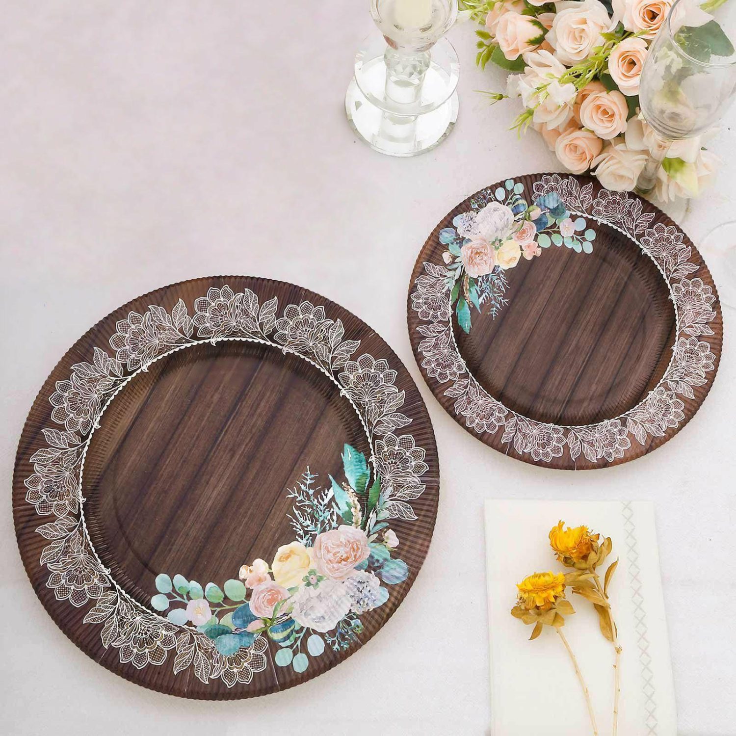 Paper Dinner Plates | 25 Pack Brown Rustic Wood Print Paper Dinner Plates With Floral Lace Rim, Round Disposable Party Plates 10″ Disposable Tableware Brown w/ White Floral Lace