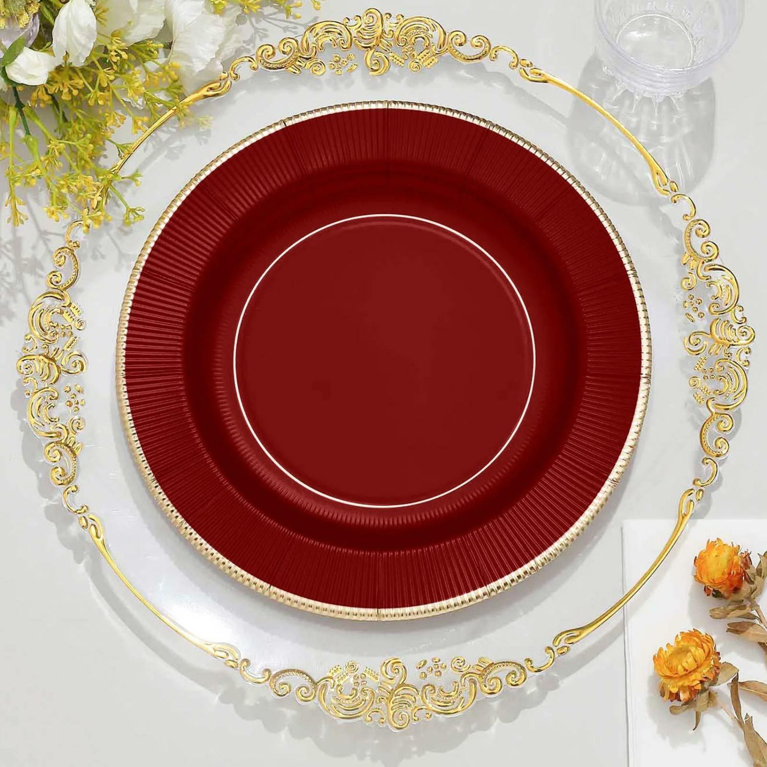 Paper Dinner Plates | 25 Pack Burgundy Sunray Gold Rimmed Serving Dinner Paper Plates, Disposable Party Plates 350 GSM 10″ Disposable Tableware Burgundy/Gold