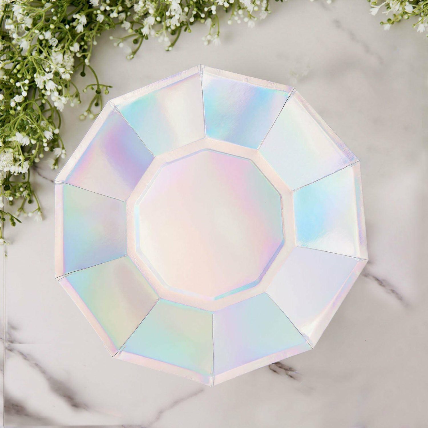 Paper Dinner Plates | 25 Pack Iridescent Geometric Dinner Paper Plates, Disposable Plates with Decagon Rim 9″ Disposable Tableware Iridescent