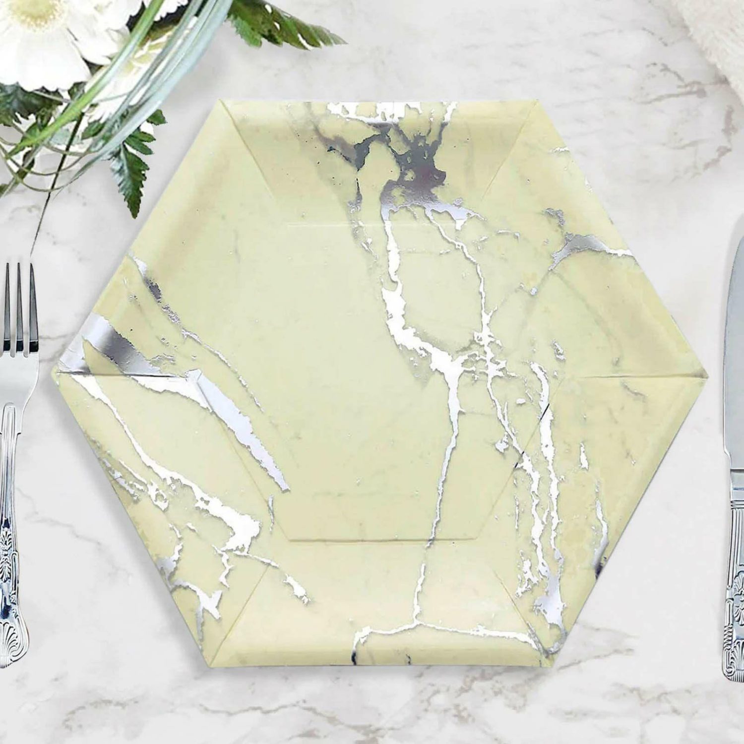 Paper Dinner Plates | 25 Pack Ivory Marble Serving Dinner Paper Plates, Disposable Hexagon Geomtric Shaped Plates With Silver Foil Marble Design 400 GSM 12″ Disposable Tableware Ivory/Silver