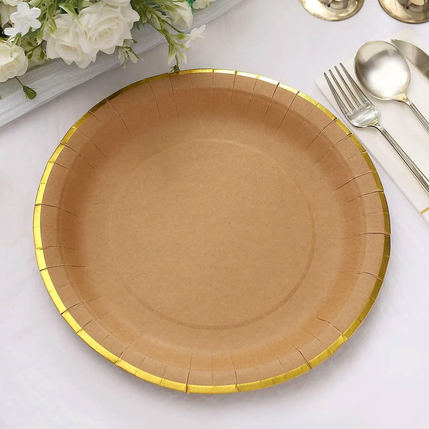 Paper Dinner Plates | 25 Pack Natural Brown Paper Dinner Plates With Gold Lined Rim, Disposable Party Plates 10″ Round Disposable Tableware Paper Dinner Plates