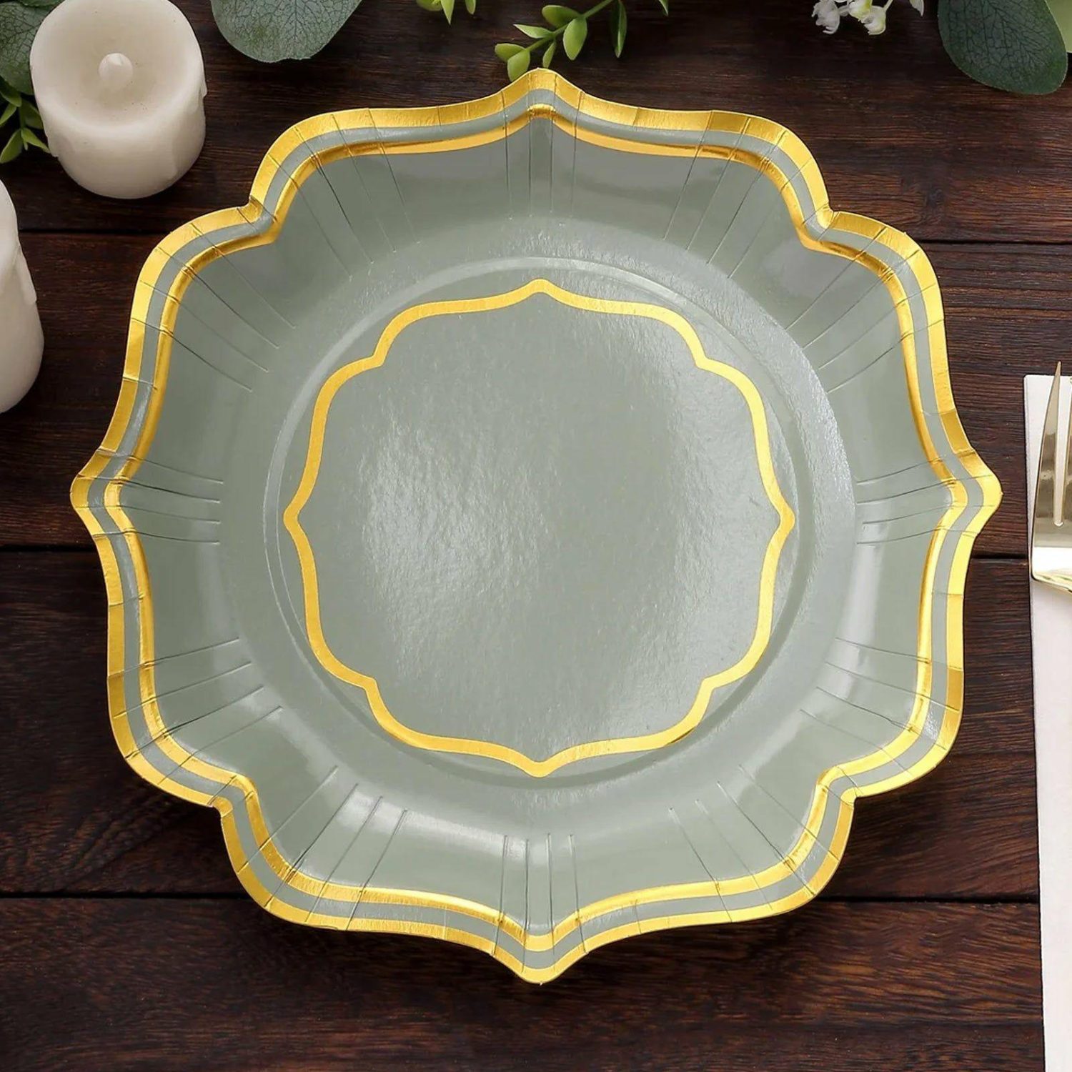 Paper Dinner Plates | 25 Pack Sage Green Dinner Paper Plates With Scalloped Gold Rim, 10″ Disposable Party Plates – 300 GSM Disposable Tableware Paper Dinner Plates