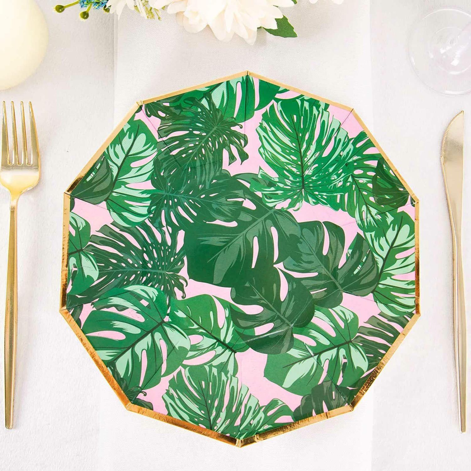 Paper Dinner Plates | 25 Pack Tropical Palm Leaf Dinner Paper Plates, Disposable Plates Geometric Decagon Shaped Pink/Green With Gold Rim 9″ Disposable Tableware Green Leaf