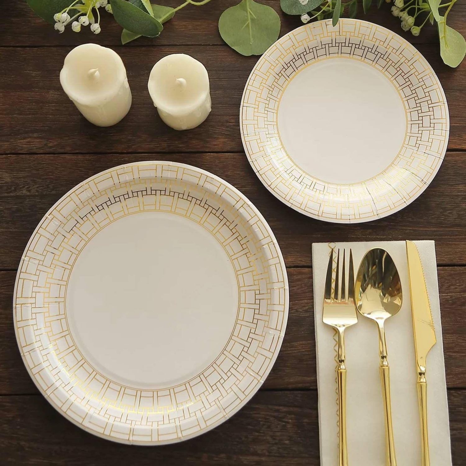 Paper Dinner Plates | 25 Pack White Dinner Paper Plates With Gold Basketweave Pattern Rim, 9″ Round Disposable Party Plates Disposable Tableware Basketweave Pattern Rim