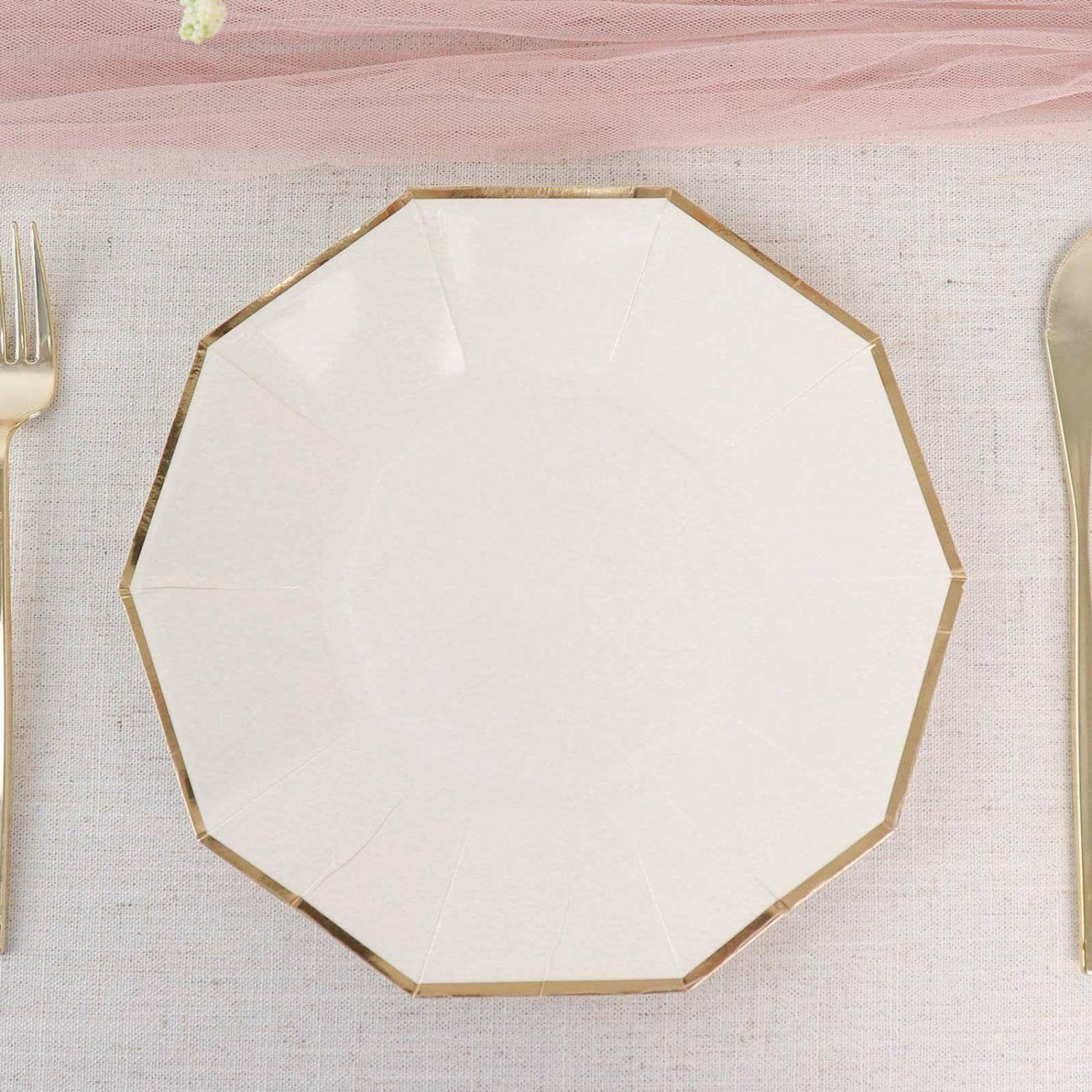 Paper Dinner Plates | 25 Pack White Geometric Dinner Paper Plates, Disposable Plates Decagon Shaped With Gold Foil Rim 9″ Disposable Tableware Gold/White