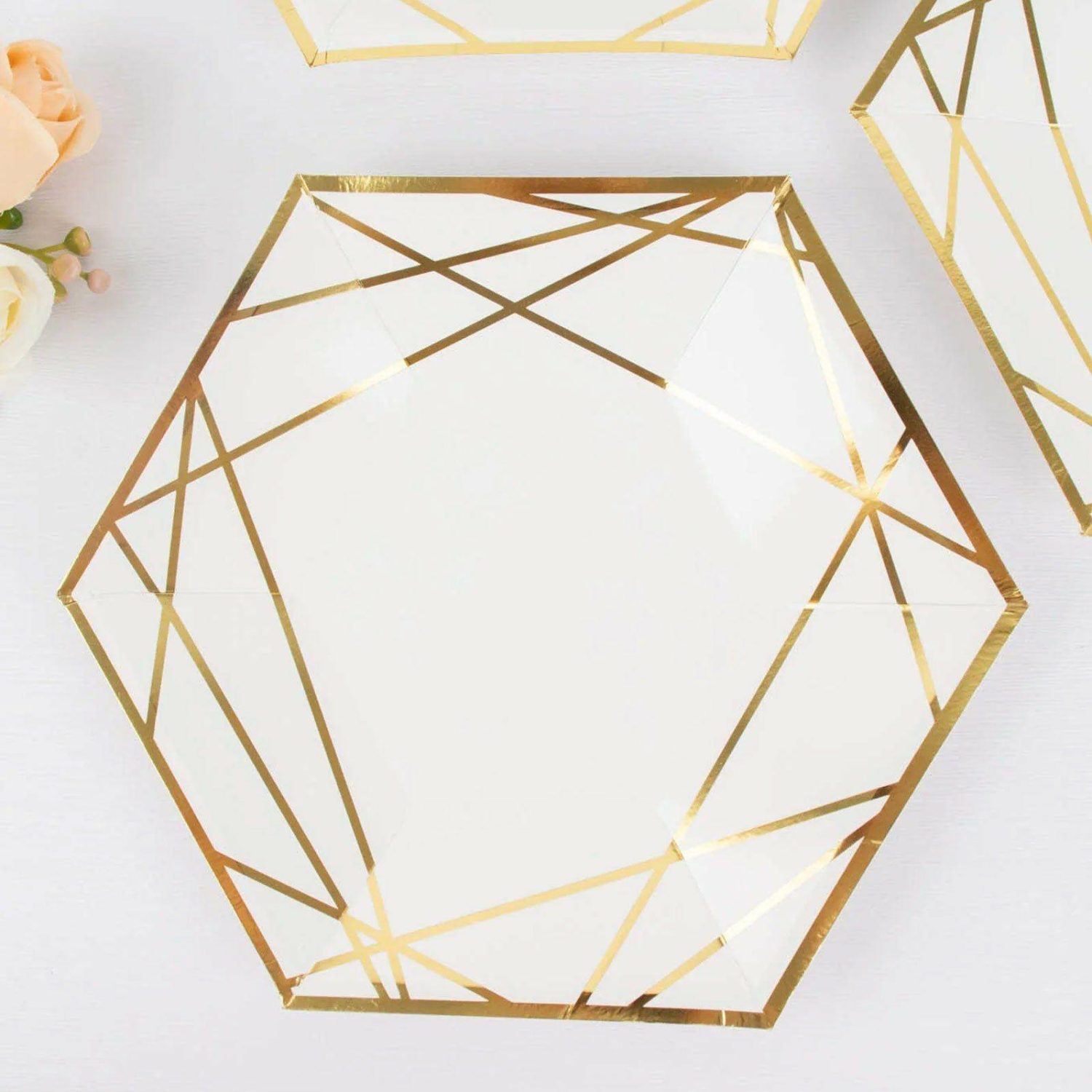 Paper Dinner Plates | 25 Pack White / Gold Hexagon Dinner Paper Plates, Geometric Disposable Party Plates 300 GSM 9″ Disposable Tableware Paper Dinner Plates