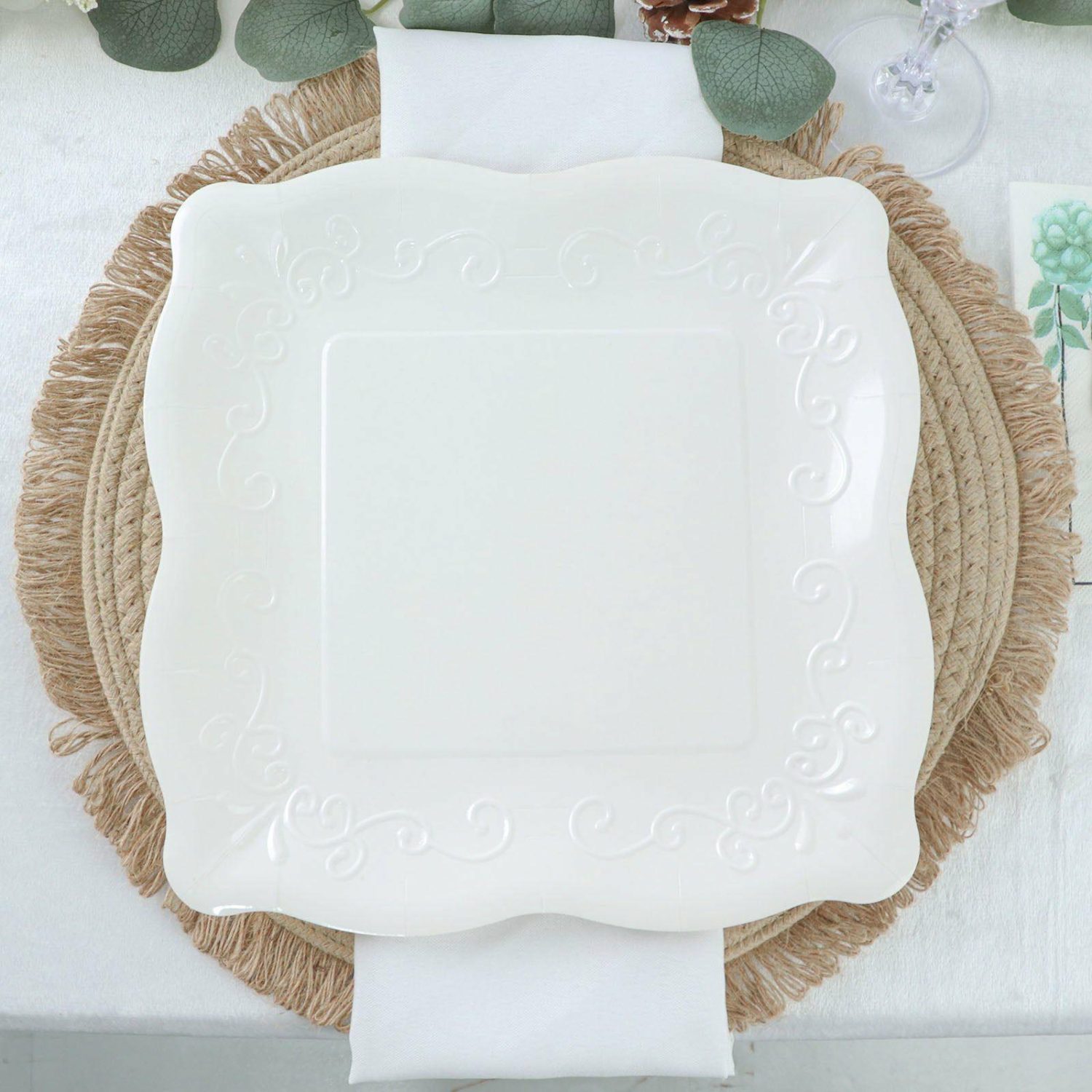 Paper Dinner Plates | 25 Pack White Square Vintage Dinner Serving Paper Plates, Shiny Disposable Pottery Embossed Party Plates With Scroll Design Edge 350 GSM 11″ Disposable Tableware Paper Dinner Plates