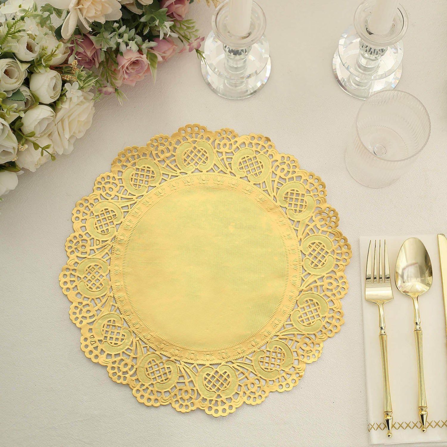 Paper Dinner Plates | 50 Pcs Gold Food Grade Paper Placemats, Round Lace Paper Doilies 12″ Disposable Tableware Gold Antique Design