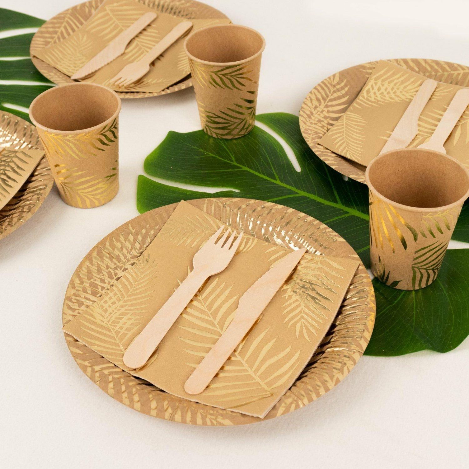 Paper Dinner Plates | 72 Pcs Natural Disposable Dinnerware Set With Gold Foil Palm Leaves Print, Paper Plates Cups Napkins Tableware Combo Pack Disposable Tableware Paper Dinner Plates