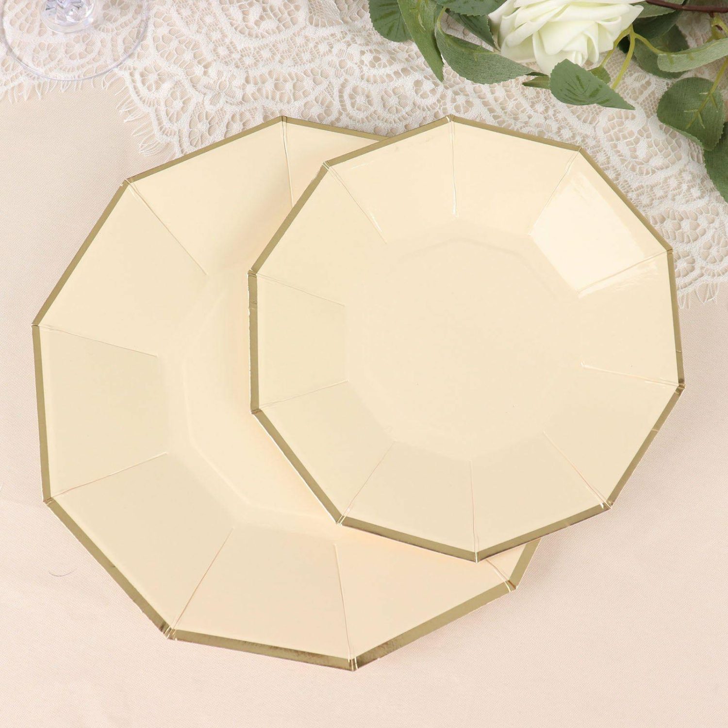 Paper Salad/Dessert Plates | 25 Pack Beige Gold Foil Rim Geometric Appetizer Paper Plates, Decagon Dessert / Salad Plates 7″ Disposable Tableware Beige/Gold