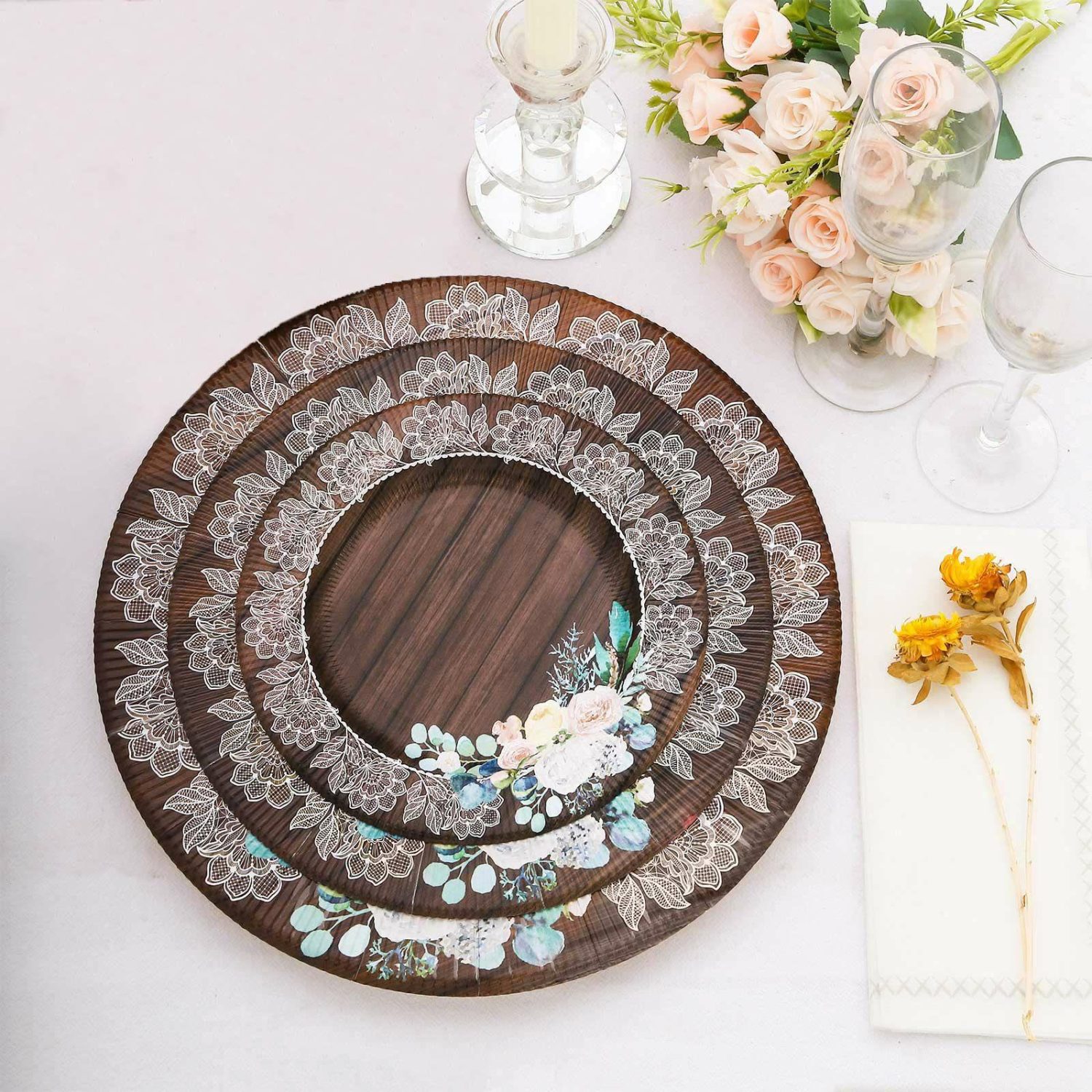 Paper Salad/Dessert Plates | 25 Pack Brown Rustic Wood Print Paper Dessert Plates With Floral Lace Rim, Round Disposable Salad Appetizer Plates 8″ Disposable Tableware Brown/White