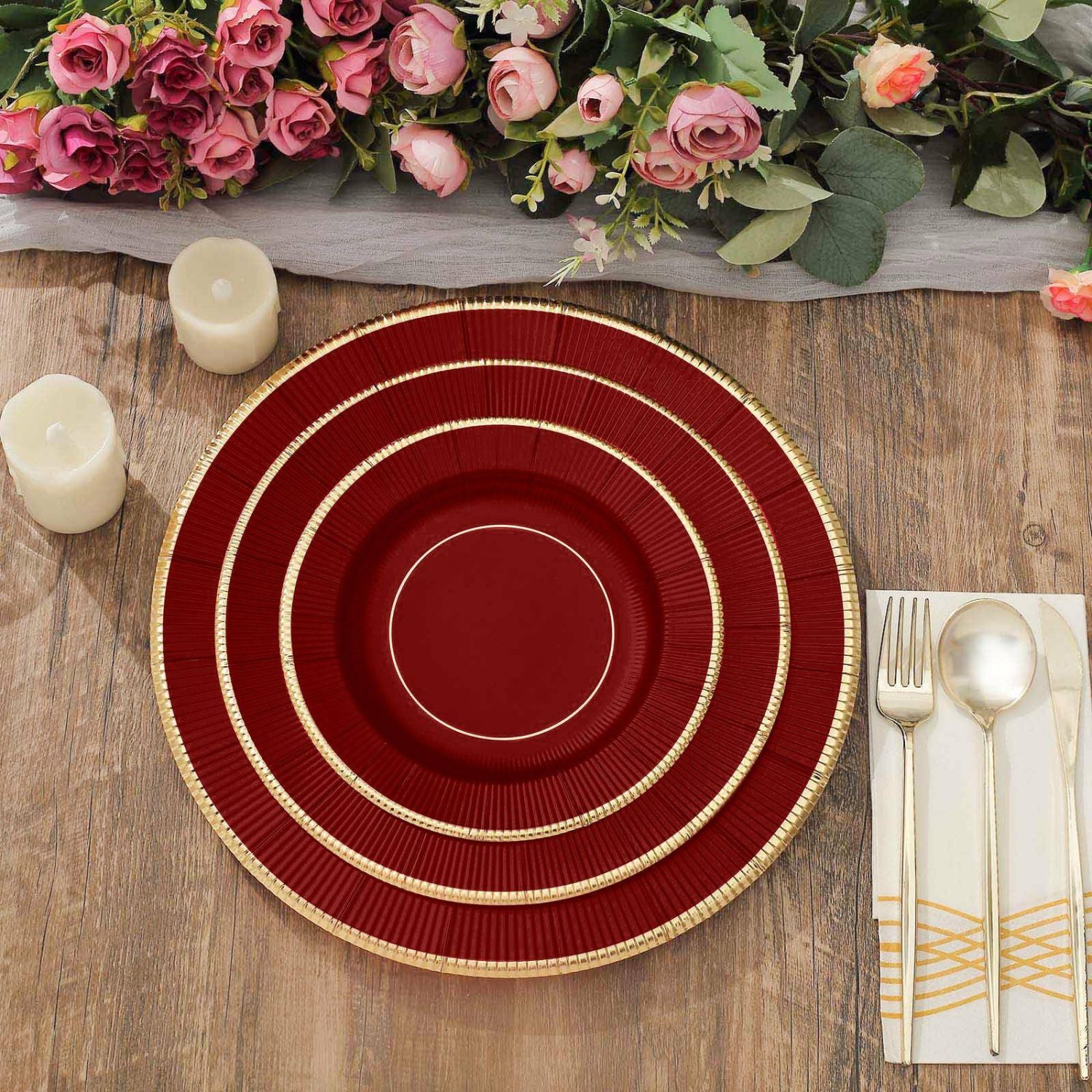 Paper Salad/Dessert Plates | 25 Pack Burgundy Sunray Gold Rimmed Dessert Appetizer Paper Plates, Disposable Party Plates 350 GSM 8″ Disposable Tableware Burgundy/Gold