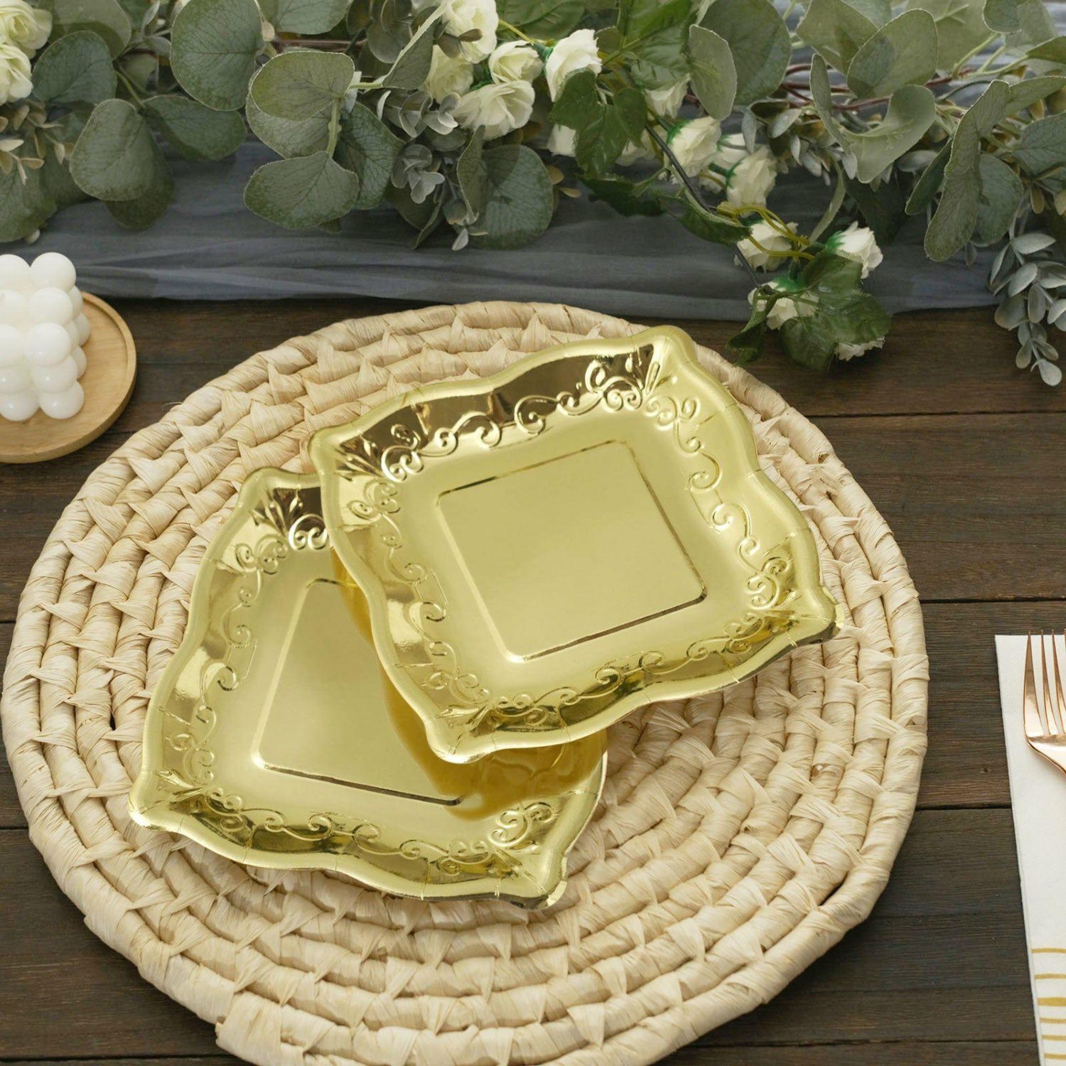 Paper Salad/Dessert Plates | 25 Pack Gold Square Vintage Appetizer Dessert Paper Plates, Shiny Metallic Disposable Pottery Embossed Party Plates With Scroll Design Edge 350 GSM 7″ Disposable Tableware Metallic Gold