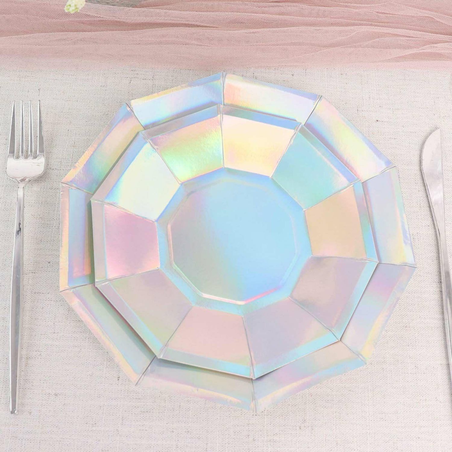 Paper Salad/Dessert Plates | 25 Pack Iridescent Geometric Dessert Salad Paper Plates, Disposable Plates with Decagon Rim 7.5″ Disposable Tableware Iridescent