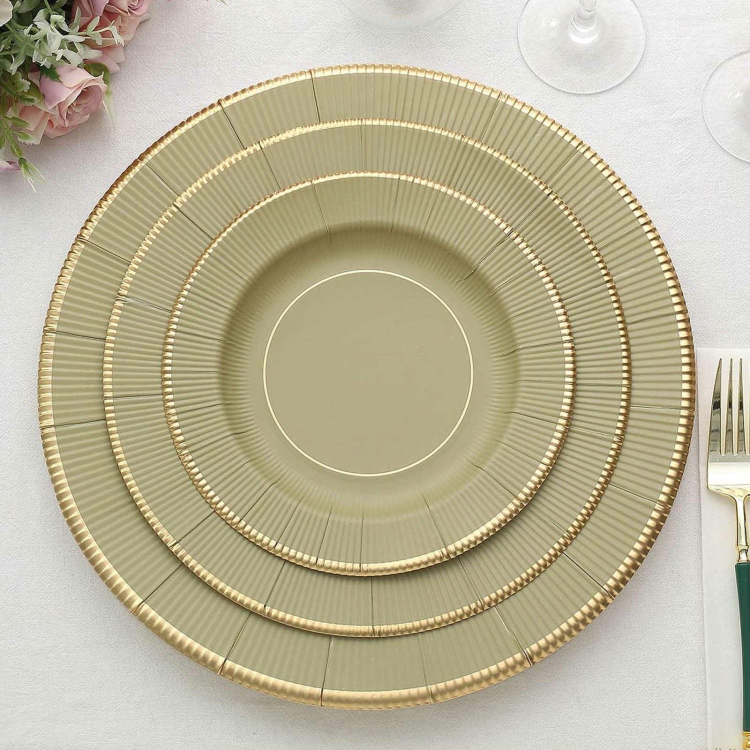 Paper Salad/Dessert Plates | 25 Pack Khaki Gold Rim Sunray Heavy Duty Paper Dessert Plates, Disposable Appetizer Salad Plates 350 GSM 8″ Disposable Tableware Khaki/Gold