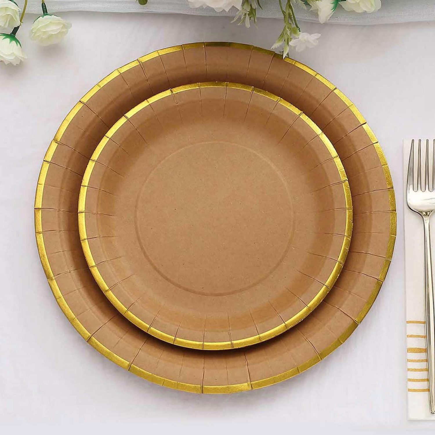 Paper Salad/Dessert Plates | 25 Pack Natural Brown Paper Dessert Plates With Gold Lined Rim, Disposable Salad Appetizer Party Plates 8″ Round Disposable Tableware Paper Salad/Dessert Plates