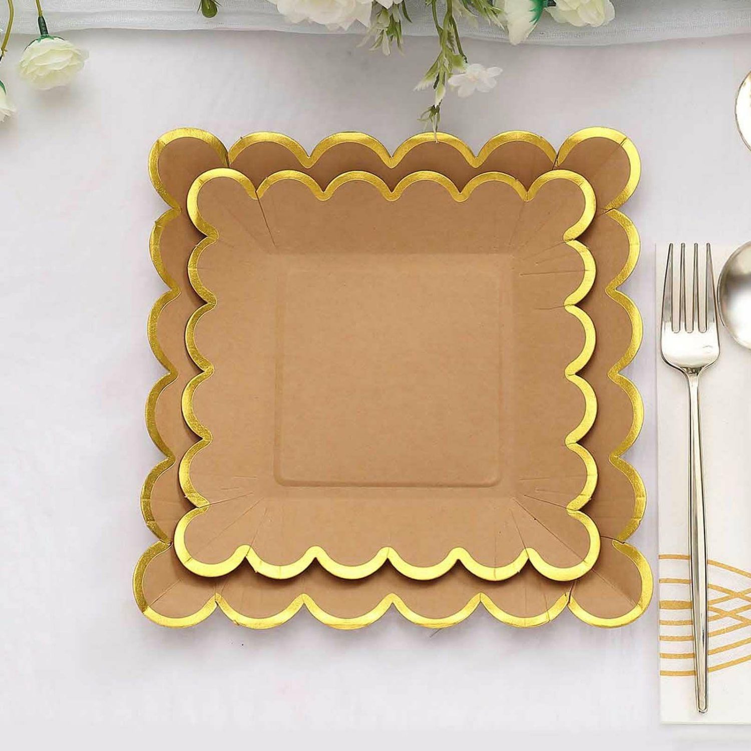 Paper Salad/Dessert Plates | 25 Pack Natural Brown Paper Dessert Plates With Gold Scalloped Rim, Disposable Salad Appetizer Party Plates 7″ Square Disposable Tableware Paper Salad/Dessert Plates