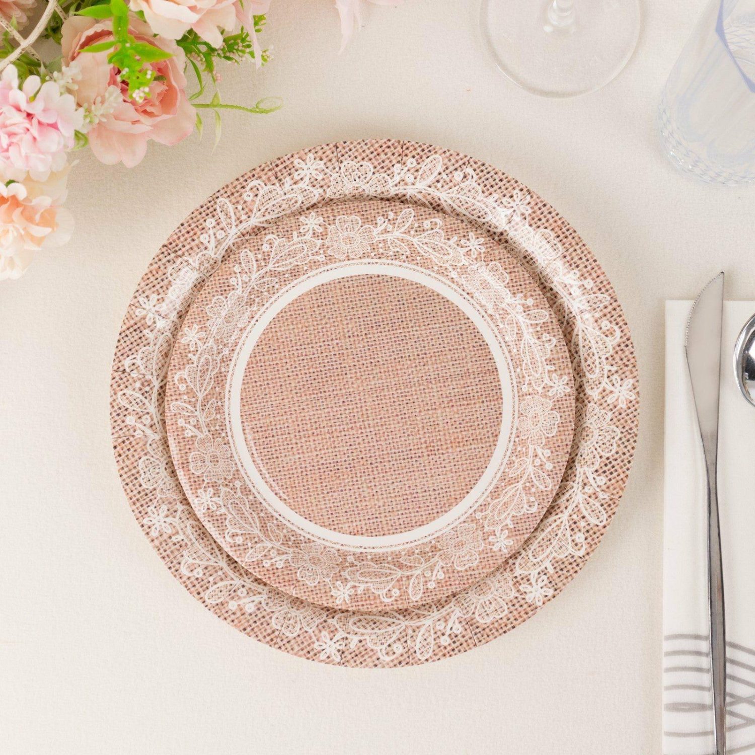 Paper Salad/Dessert Plates | 25 Pack Natural Burlap Print Paper Appetizer Dessert Plates with Floral Lace Rim, Round Rustic Disposable Salad Plates – 7″ Disposable Tableware Paper Salad/Dessert Plates